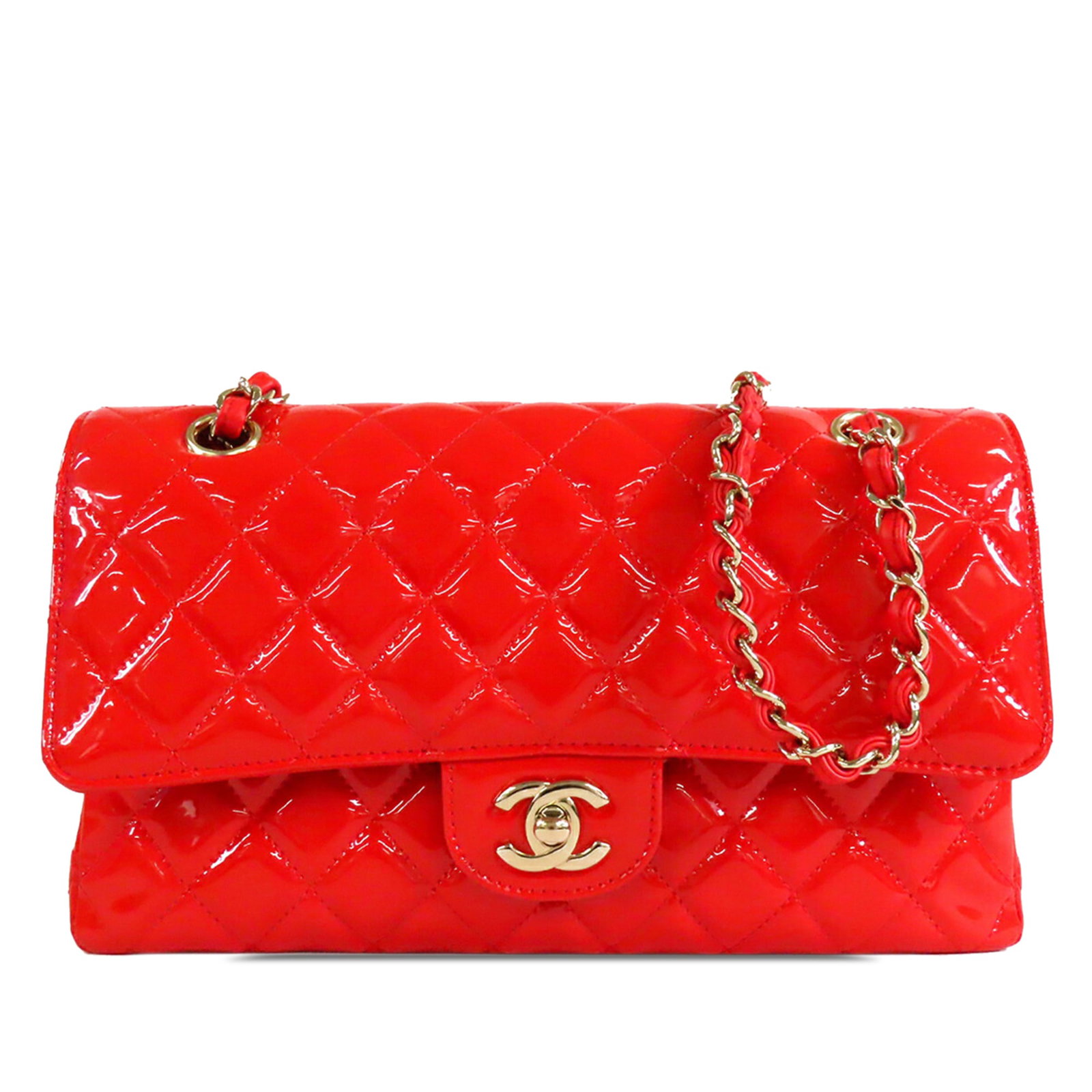 Chanel Medium Classic Double Flap Red Patent Leather Shoulder Bag: Chanel Medium Classic Double Flap Red Patent Leather Shoulder Bag Medium Classic Patent Double Flap shoulder bag in red quilted patent leather with leather-woven chain link shoulder straps and a CC tu