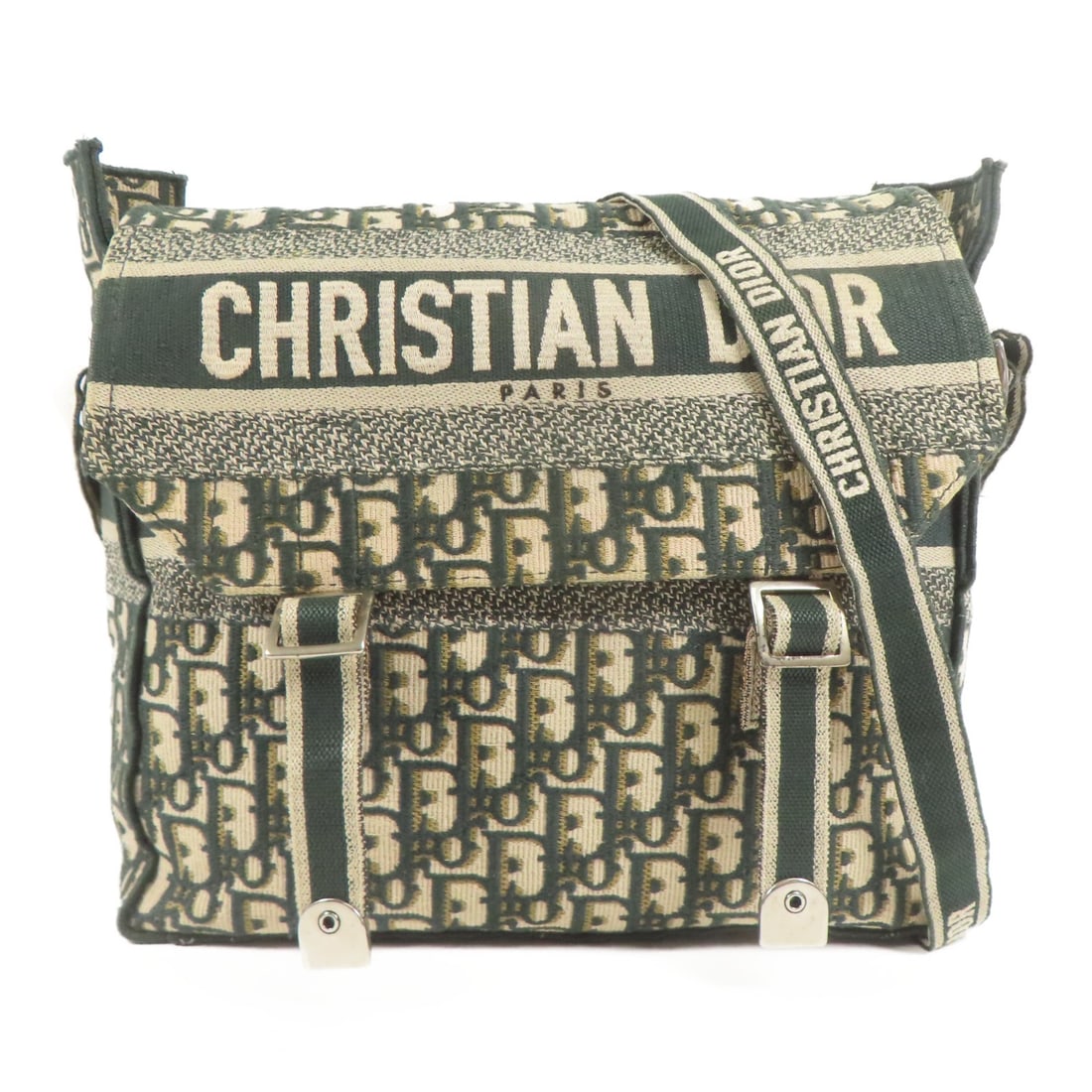 Dior Diorcamp Medium Canvas Shoulder Bag Beige Green M1240ORIW: Dior Diorcamp Medium Canvas Shoulder Bag Beige Green M1240ORIW Medium Diorcamp shoulder bag in beige and green canvas with a flap pocket. The item is identified as Christian Dior and is described as h