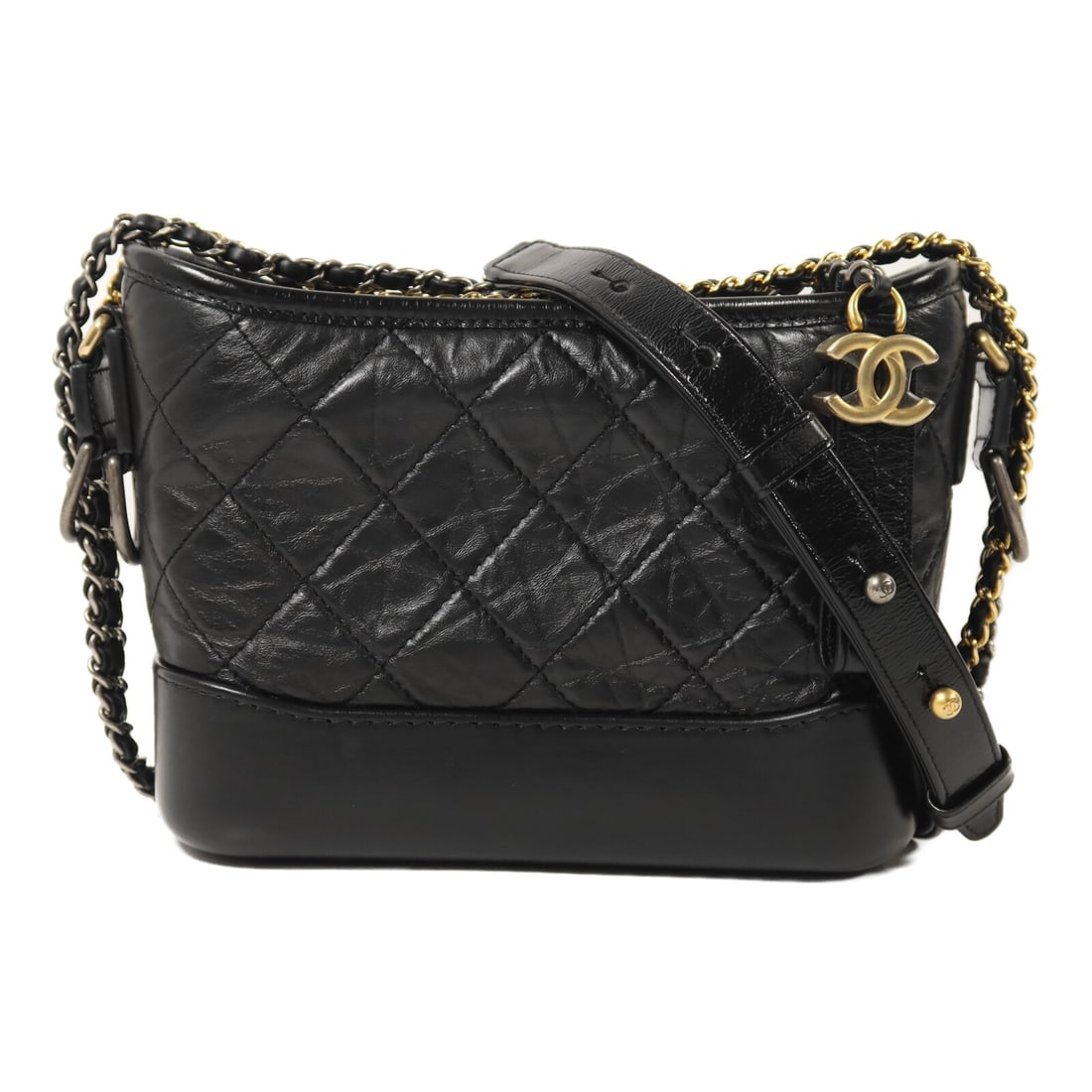 CHANEL Gabrielle A91810 Small Black Calfskin Chain Shoulder Bag: CHANEL Gabrielle A91810 Small Black Calfskin Chain Shoulder Bag Small CHANEL CC Gabrielle chain shoulder bag in black calfskin (cowhide). It features a black-on-black colorway, a fastener closure, and