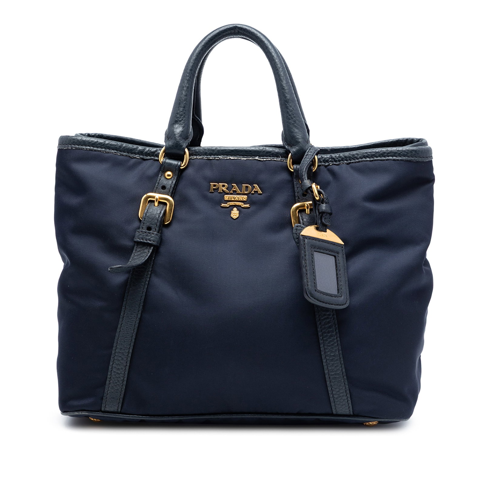 Prada Tessuto Satchel in Blue Nylon with Vitello Daino Trim: Prada Tessuto Satchel in Blue Nylon with Vitello Daino Trim Prada Vitello Daino Trimmed Tessuto Satchel in blue with a nylon body and leather trim. This satchel features rolled leather handles, an ope