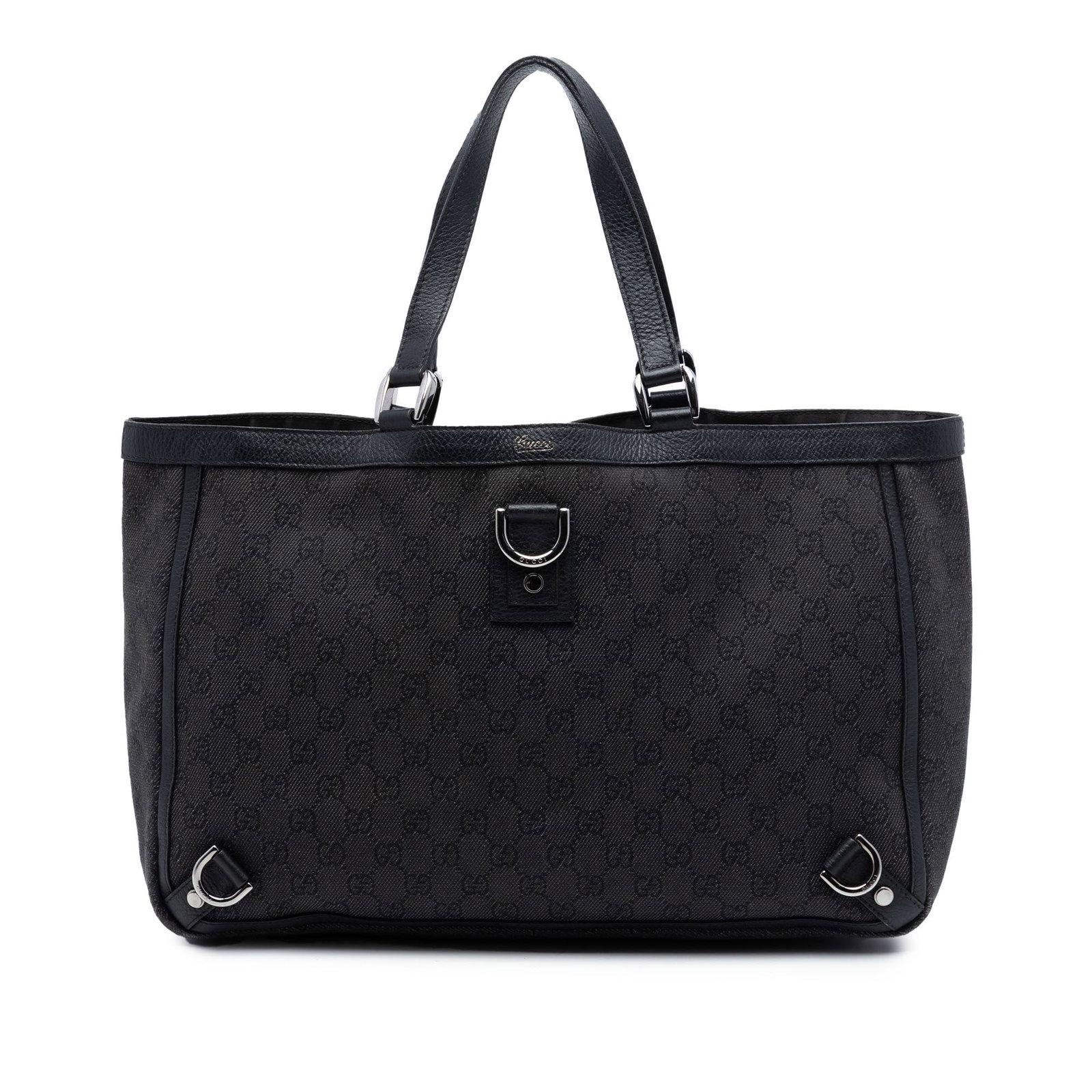 Gucci Abbey D-Ring Tote Black GG Denim with Leather Trim: Gucci Abbey D-Ring Tote Black GG Denim with Leather Trim This Gucci GG Denim Abbey D Ring Tote features a denim exterior with leather trim, flat leather straps, an open top with a magnetic closure, an