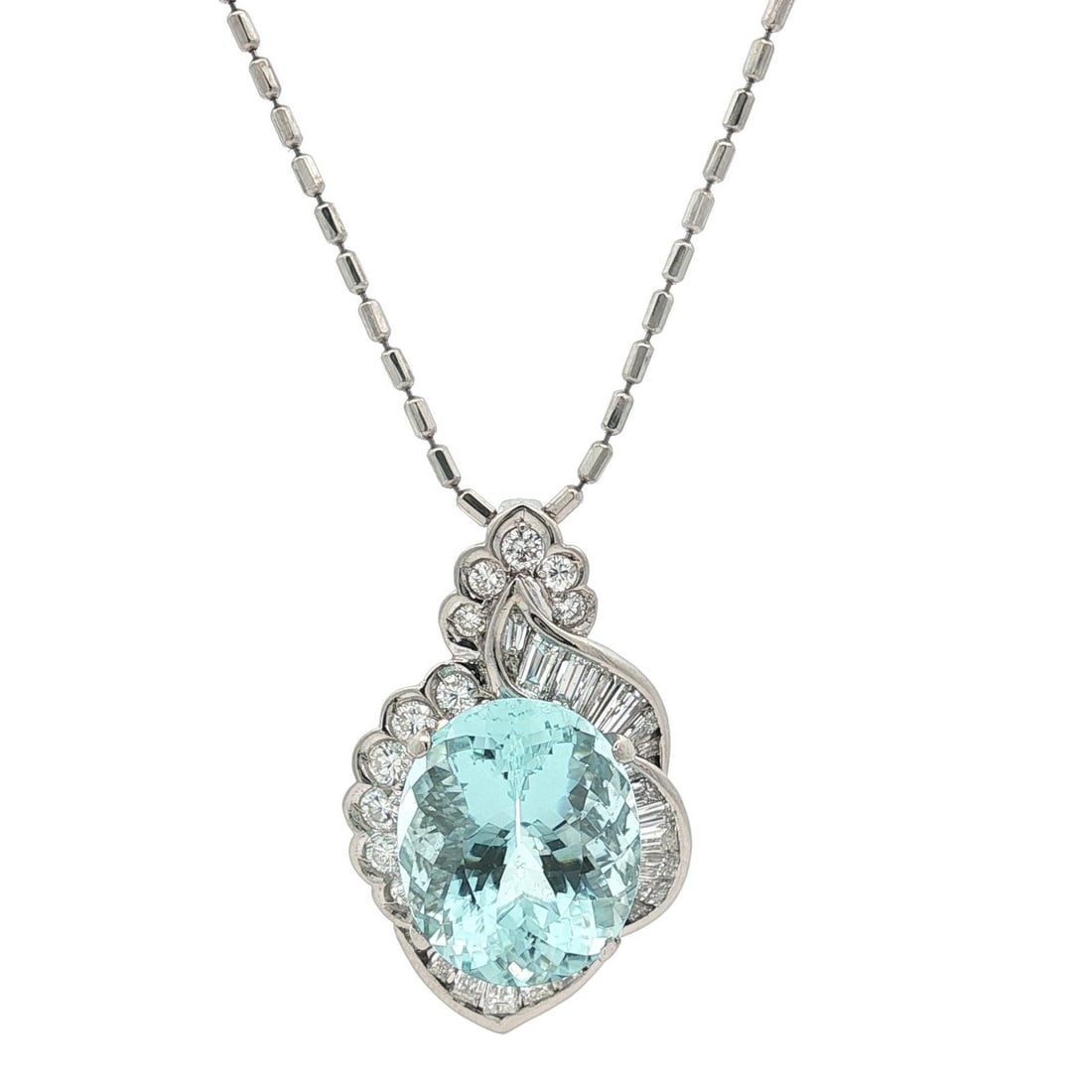 Platinum 9.59ct Oval Aquamarine Diamond Pendant Necklace Bead Chain: Platinum 9.59ct Oval Aquamarine Diamond Pendant Necklace Bead Chain This exquisite necklace features a stunning large pendant that showcases a natural genuine oval aquamarine with a brilliant cut, wei