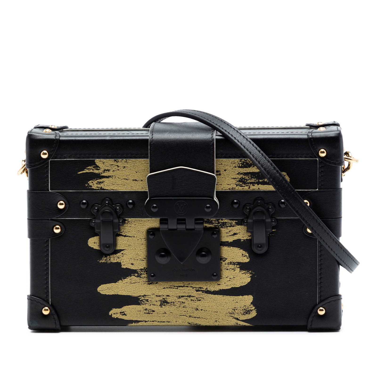 Louis Vuitton Petite Malle Black Leather Shoulder Bag: Louis Vuitton Petite Malle Black Leather Shoulder Bag This Louis Vuitton Leather Golden Light Petite Malle features a black leather body with a detachable flat leather shoulder strap, a top strap secu
