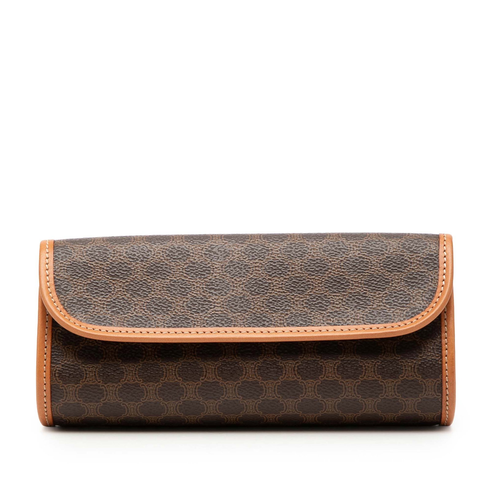 Celine Macadam brown coated canvas flap clutch: Celine Macadam brown coated canvas flap clutch This Celine Macadam clutch features a coated canvas body accented with leather trim and a front flap secured by a magnetic snap button closure. The bag i