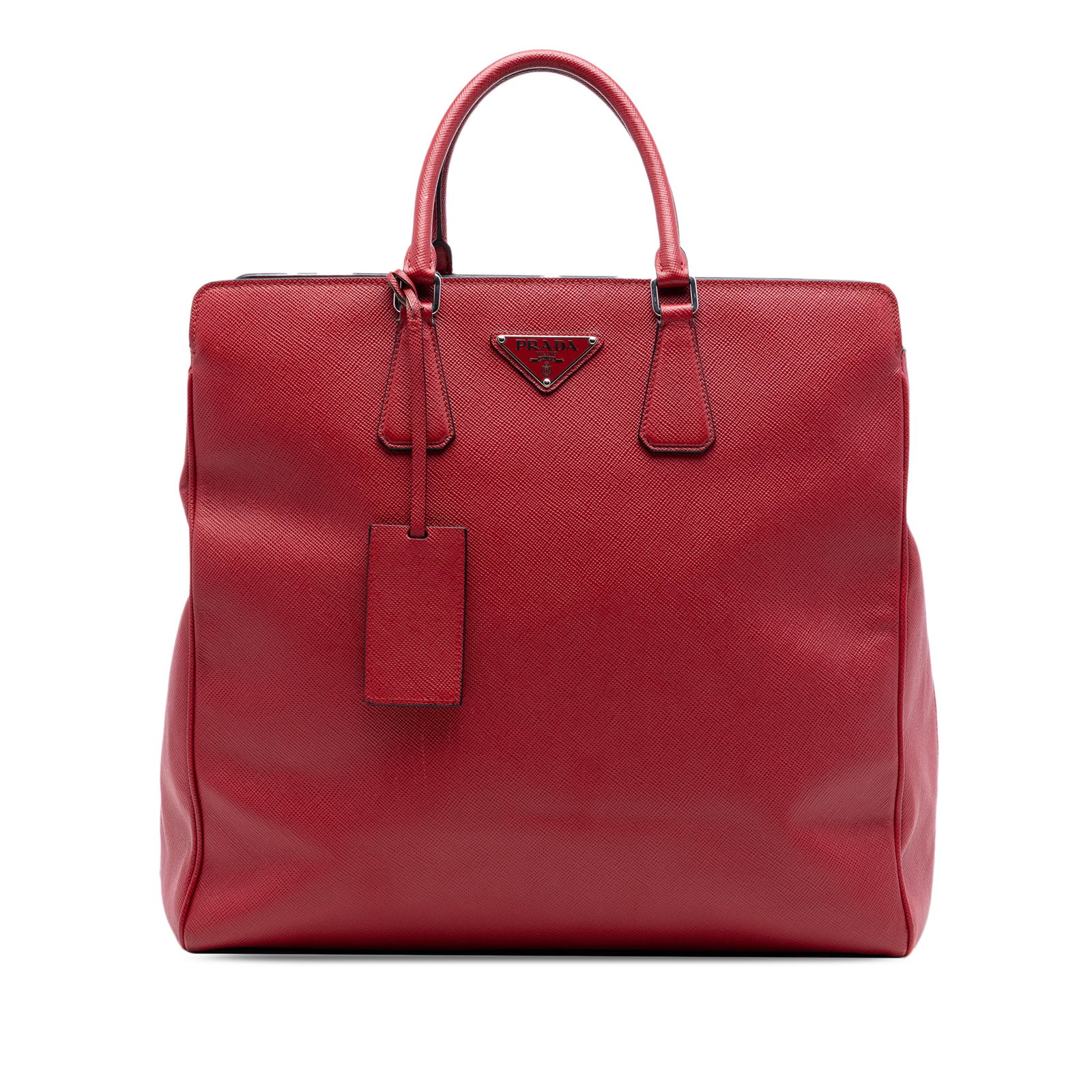 Prada Saffiano Lux Leather Satchel Double Handle Red: Prada Saffiano Lux Leather Satchel Double Handle Red A Prada Saffiano Lux Double Handle Shopping Tote in red leather, made in Italy. This satchel features a saffiano leather body, rolled leather handl