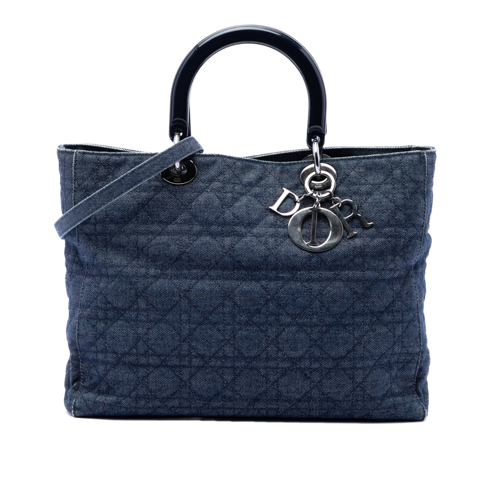 Dior Lady Dior Large Cannage Denim Satchel Bag: Dior Lady Dior Large Cannage Denim Satchel Bag This Lady Dior satchel is crafted in quilted denim with a blue fabric exterior, flat top handles, and a detachable flat denim strap. It features an open 