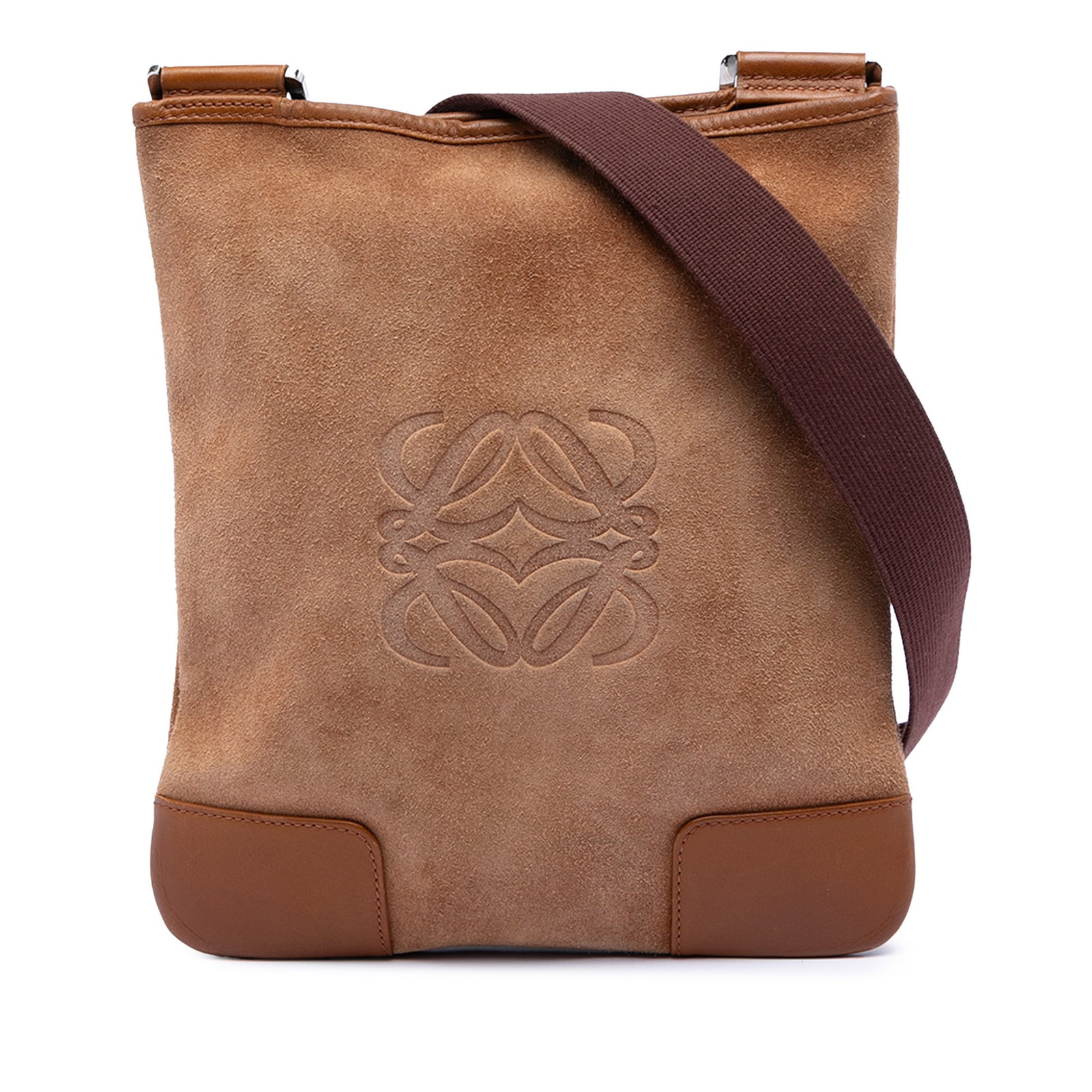 LOEWE Anagram suede crossbody bag with leather trim: LOEWE Anagram suede crossbody bag with leather trim This LOEWE Suede Anagram Crossbody bag features a brown suede body accented with calf leather trim and a flat leather strap. The design includes a t