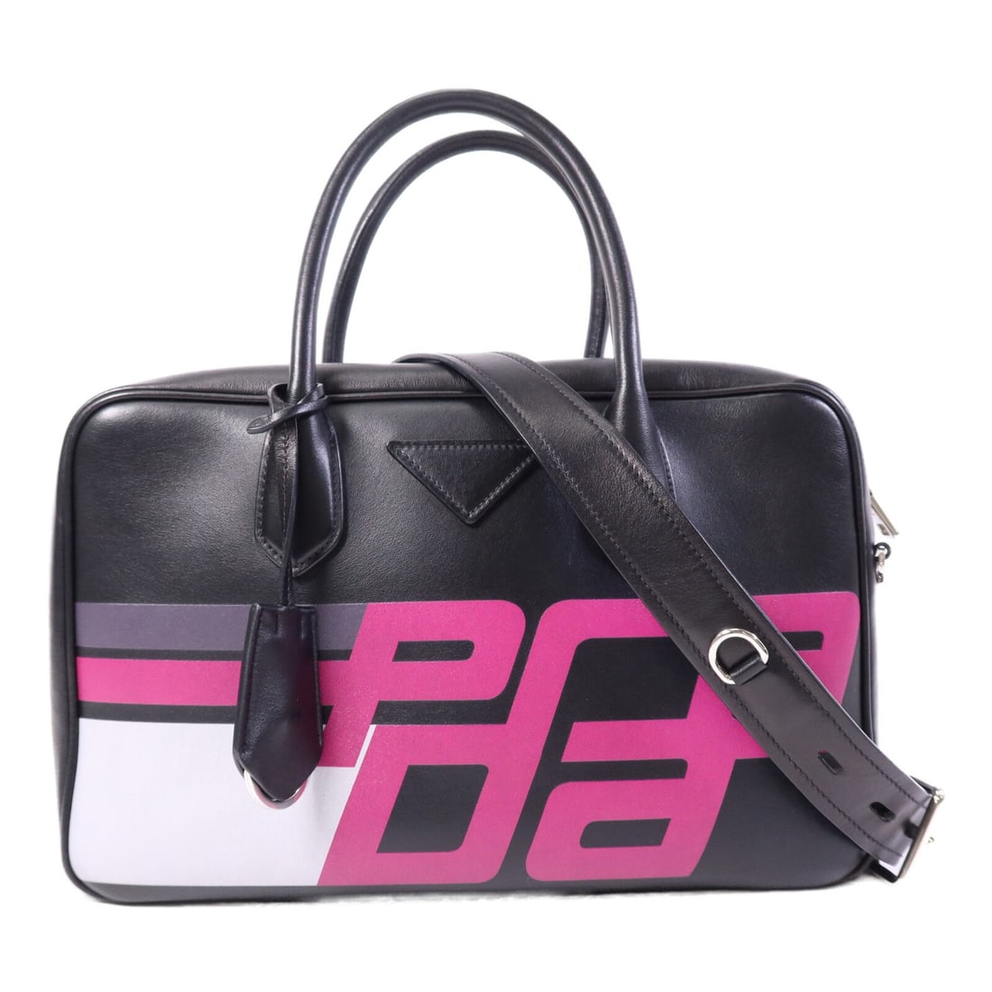 Prada 1BB045 calfskin 2 way shoulder bag black purple: Prada 1BB045 calfskin 2 way shoulder bag black purple This PRADA 2-way shoulder bag is crafted from calfskin (cowhide) leather in black and purple. It features a black frame color, a shoulder strap, a