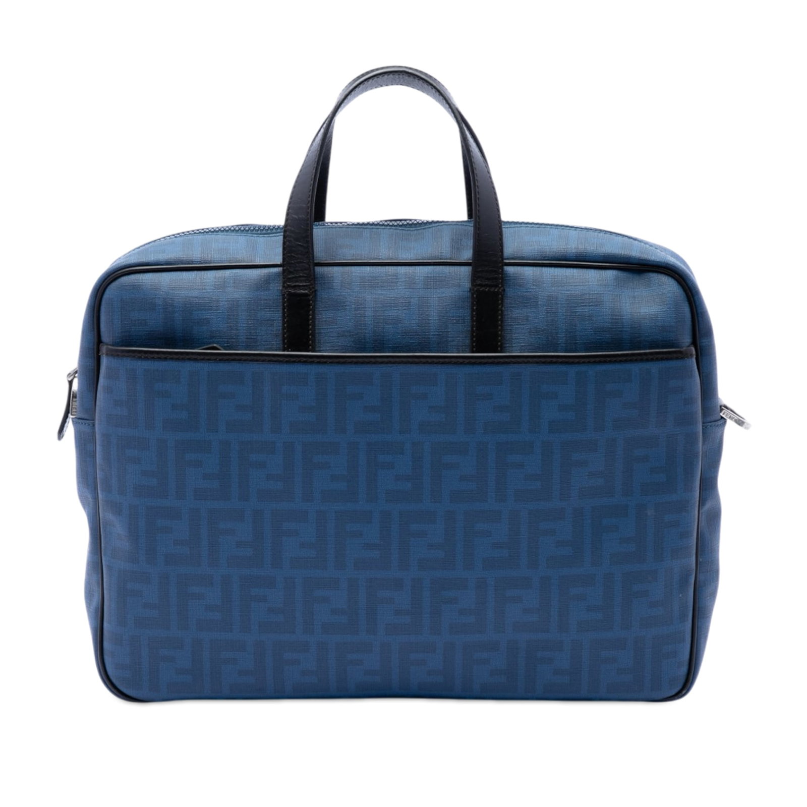 Fendi Zucca Blue Coated Canvas Zip Briefcase: Fendi Zucca Blue Coated Canvas Zip Briefcase This Fendi Zucca business bag is crafted from coated canvas and features flat leather handles, a top zip closure, an exterior front zip compartment, and an