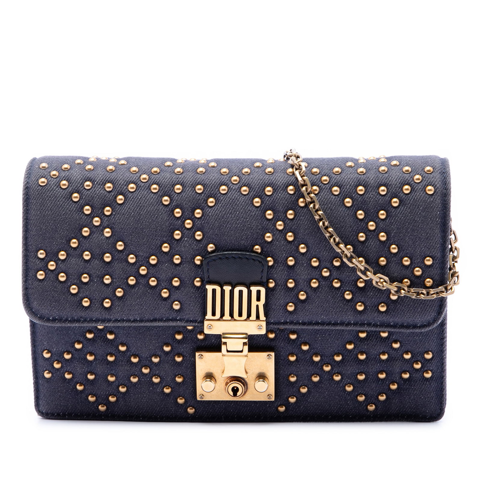 Dior DiorAddict Studded Denim Wallet on Chain Blue: Dior DiorAddict Studded Denim Wallet on Chain Blue This DiorAddict wallet on chain is crafted in blue denim fabric with the Cannage pattern and studded detailing. It features a chain-link shoulder str