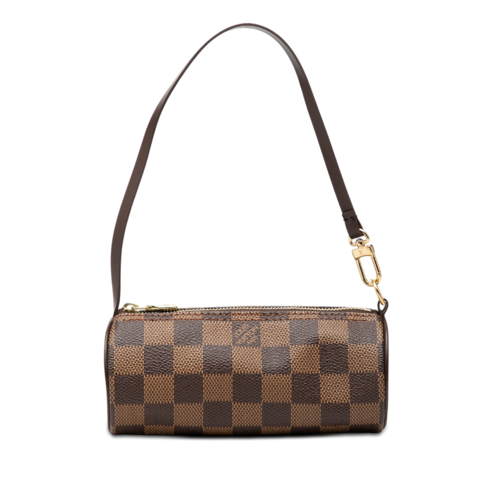 Louis Vuitton Papillon Pochette in Damier Ebene Canvas: Louis Vuitton Papillon Pochette in Damier Ebene Canvas Louis Vuitton Damier Ebene Papillon Pochette crafted with a damier ebene canvas body, leather trim, a flat leather strap, and a top zip closure. 