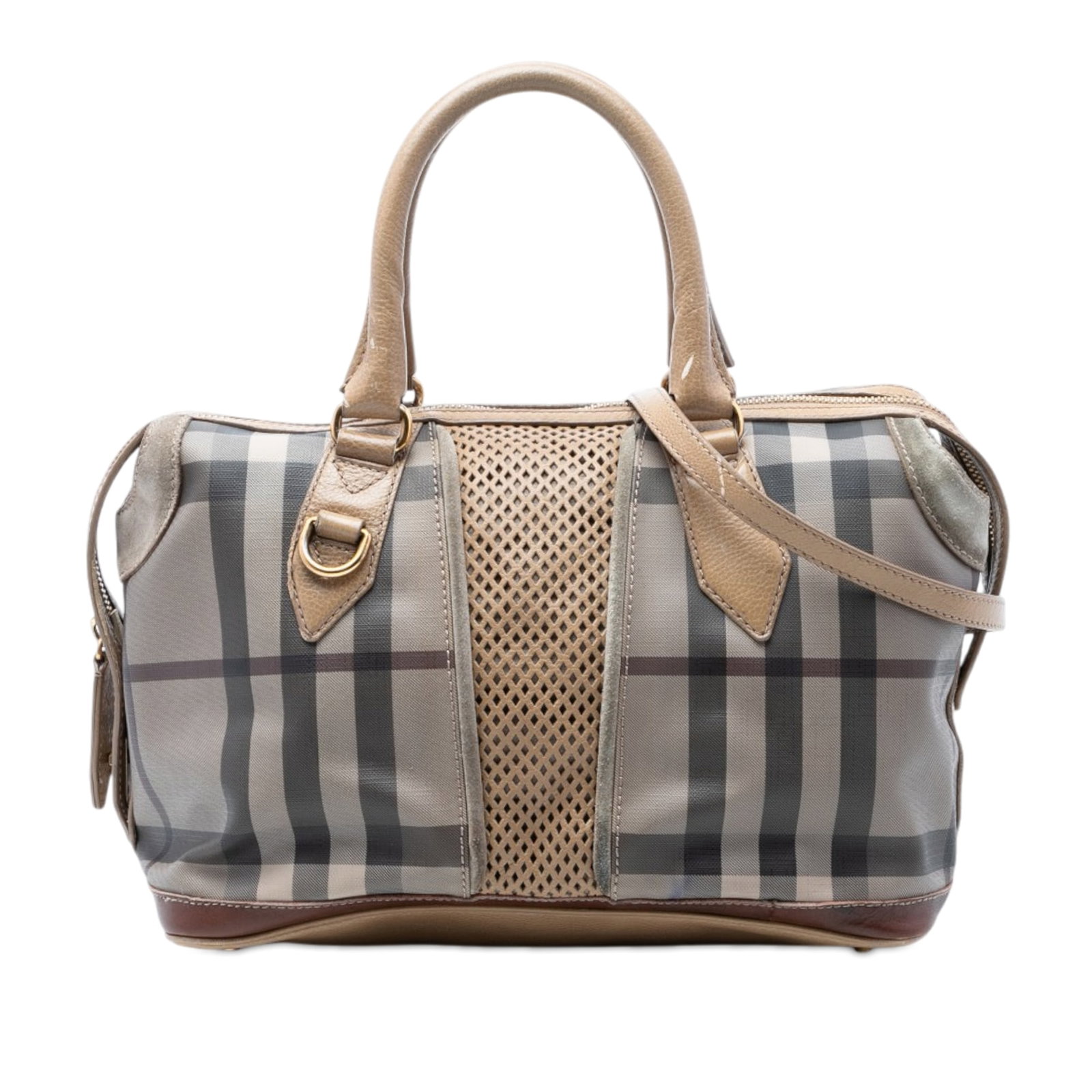 Burberry Gilmoure Satchel Smoke Check Coated Canvas: Burberry Gilmoure Satchel Smoke Check Coated Canvas This Burberry Smoke Check Gilmoure Satchel features a coated canvas body with perforated calfskin and suede leather trim. It is designed with rolled