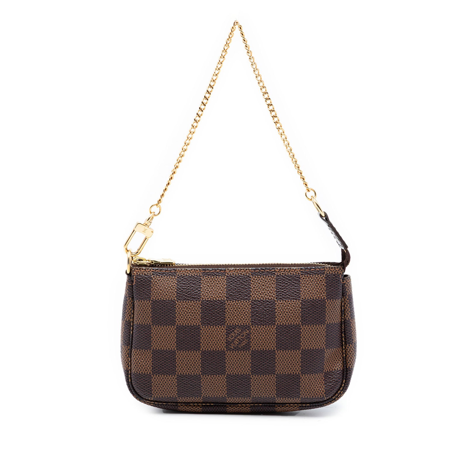 Louis Vuitton Damier Ebene Mini Pochette Brown Canvas Chain Bag: Louis Vuitton Damier Ebene Mini Pochette Brown Canvas Chain Bag This Louis Vuitton Damier Ebene Mini Pochette Accessoires showcases the iconic damier canvas in brown and features a gold-tone chain str