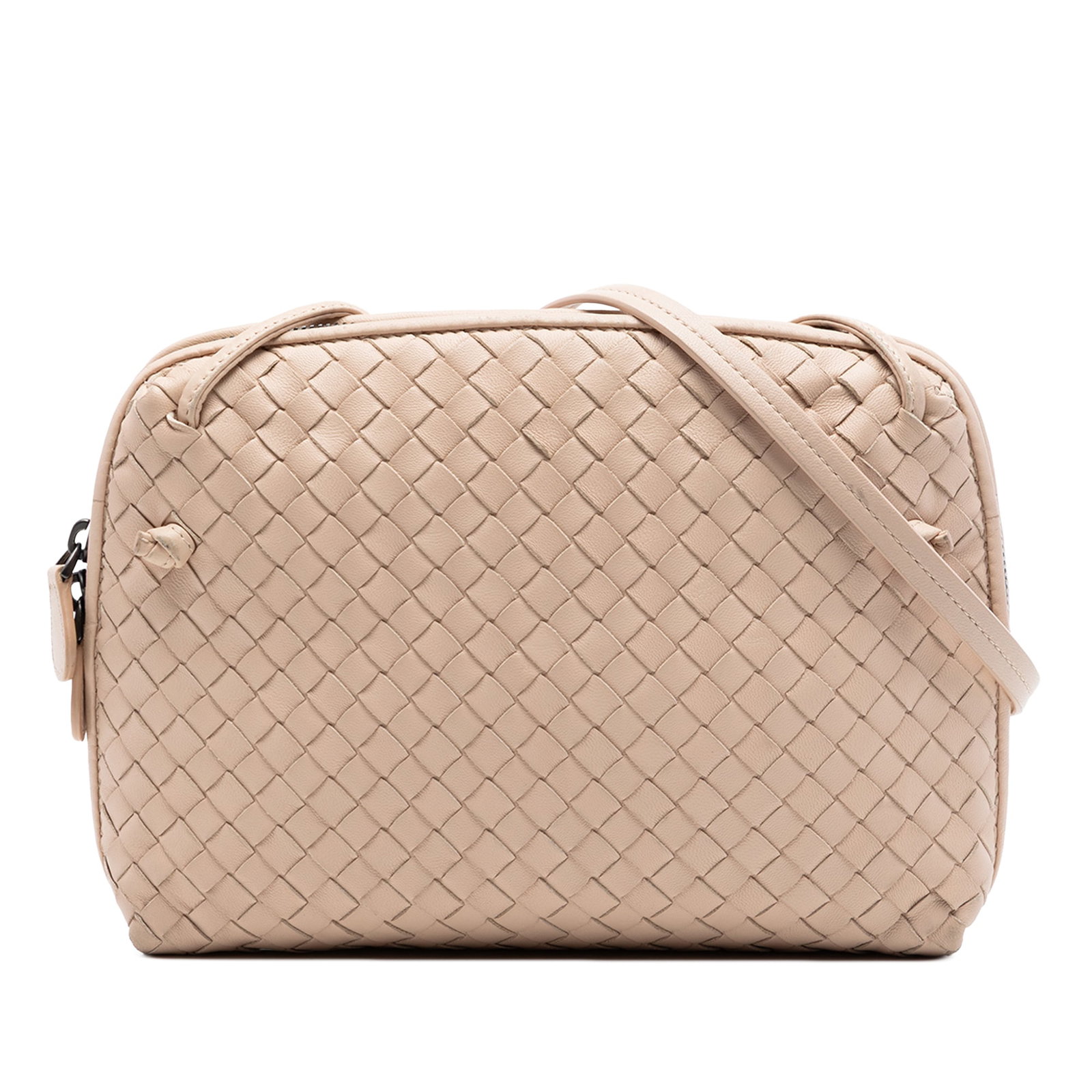 Bottega Veneta Nodini Crossbody Bag Beige Nappa Intrecciato Leather: Bottega Veneta Nodini Crossbody Bag Beige Nappa Intrecciato Leather Bottega Veneta Nappa Intrecciato Nodini Crossbody bag in beige leather with a woven leather body, adjustable flat leather strap, top