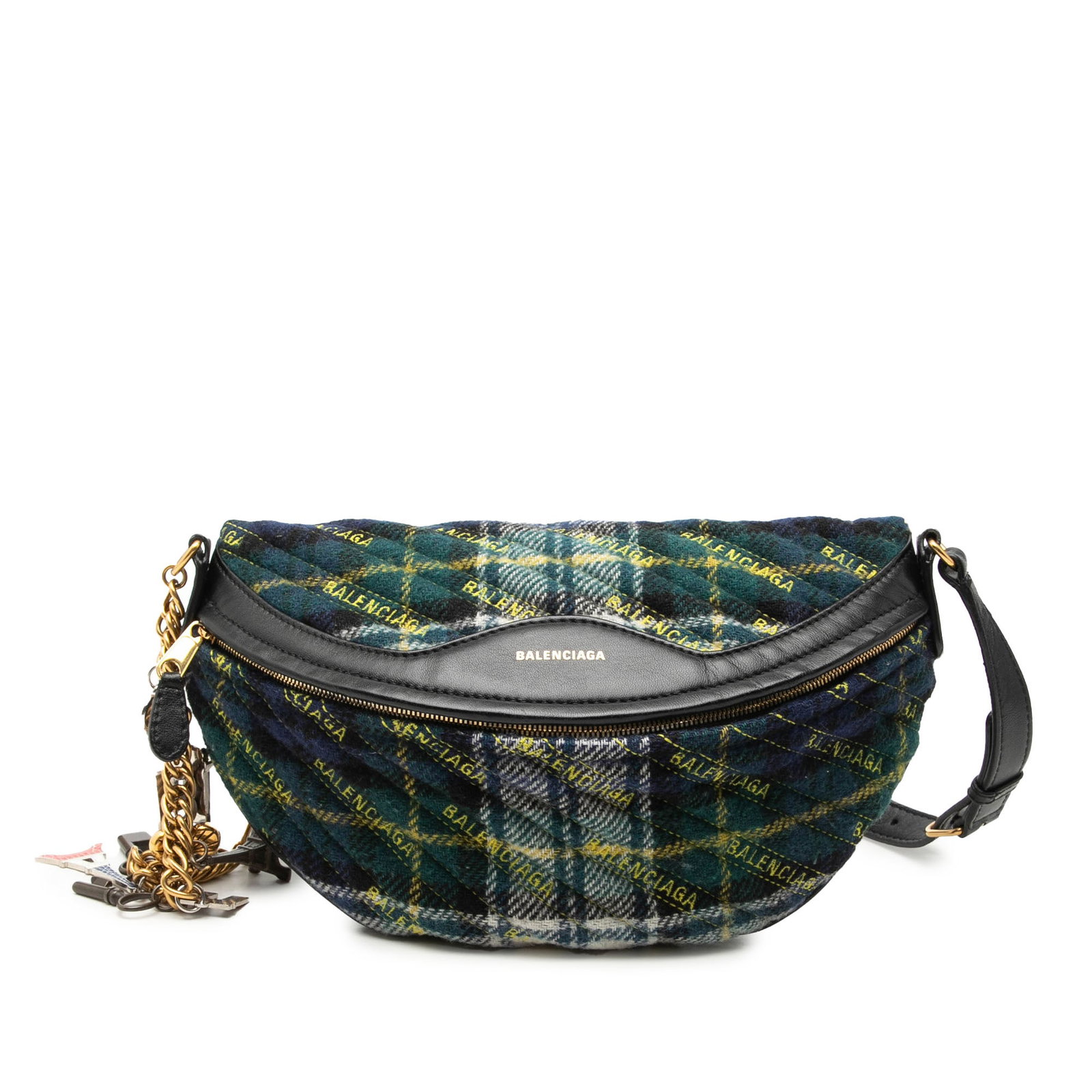 Balenciaga Souvenir XS Belt Bag in Quilted Wool with Logo: Balenciaga Souvenir XS Belt Bag in Quilted Wool with Logo Balenciaga Diagonal Quilted Wool Allover Logo Souvenir Belt Bag XS in green with a quilted wool body and leather trim. It features a chain lin