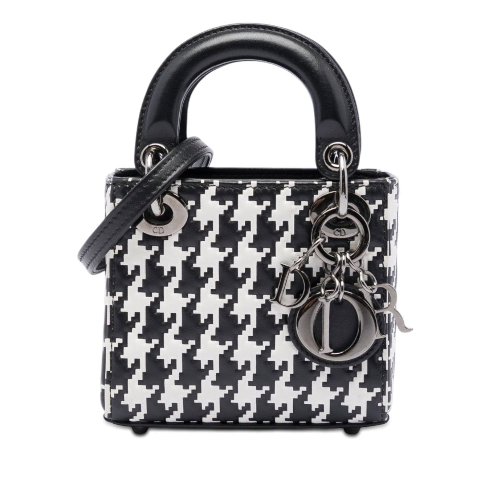 Dior Lady Dior Micro Calfskin Bag with Embossed Houndstooth: Dior Lady Dior Micro Calfskin Bag with Embossed Houndstooth Micro Lady Dior bag in black leather with an embossed houndstooth pattern. It features flat leather top handles, a detachable flat leather s