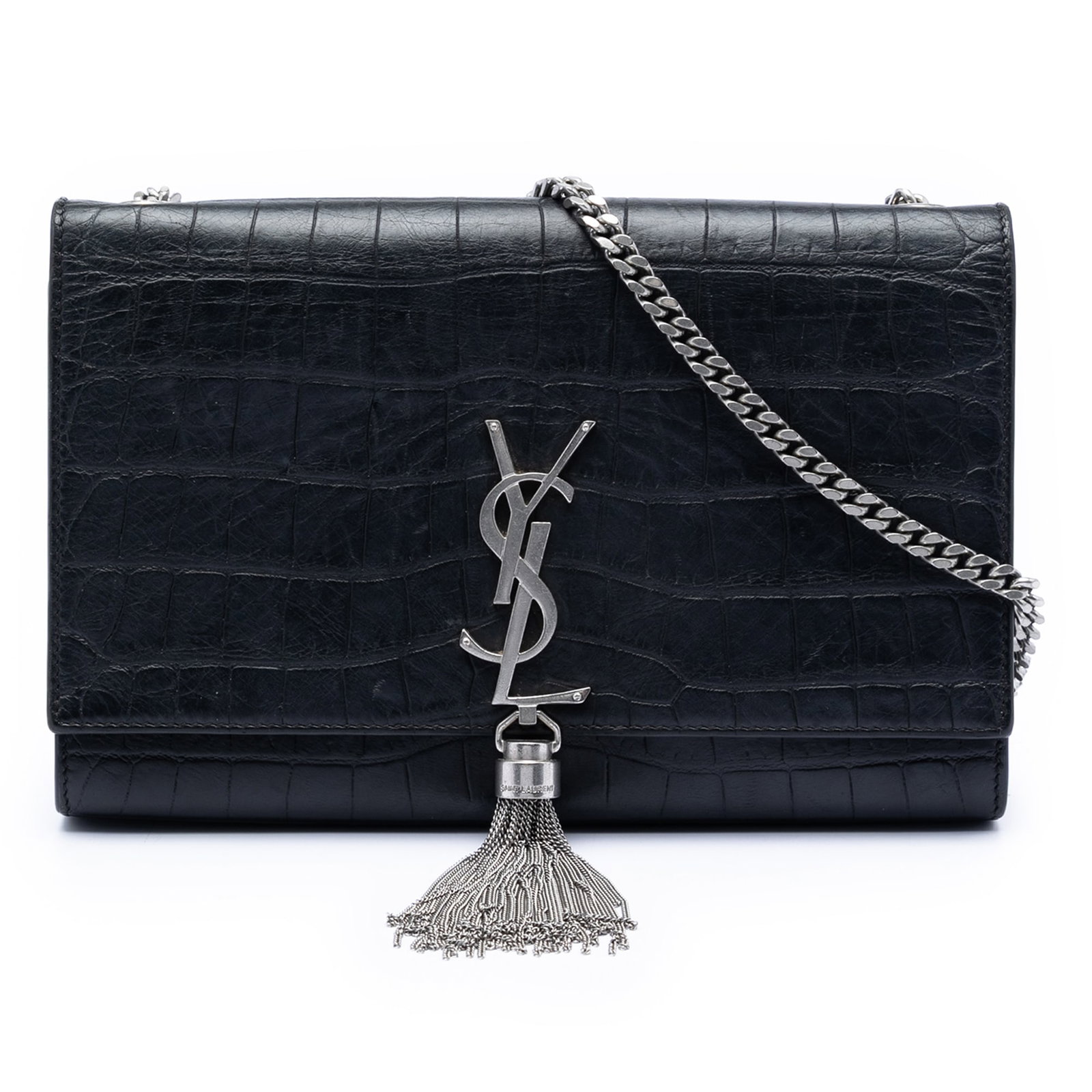 Saint Laurent Kate Black Croc Embossed Leather Medium Crossbody Bag with Tassel (1 of 7)