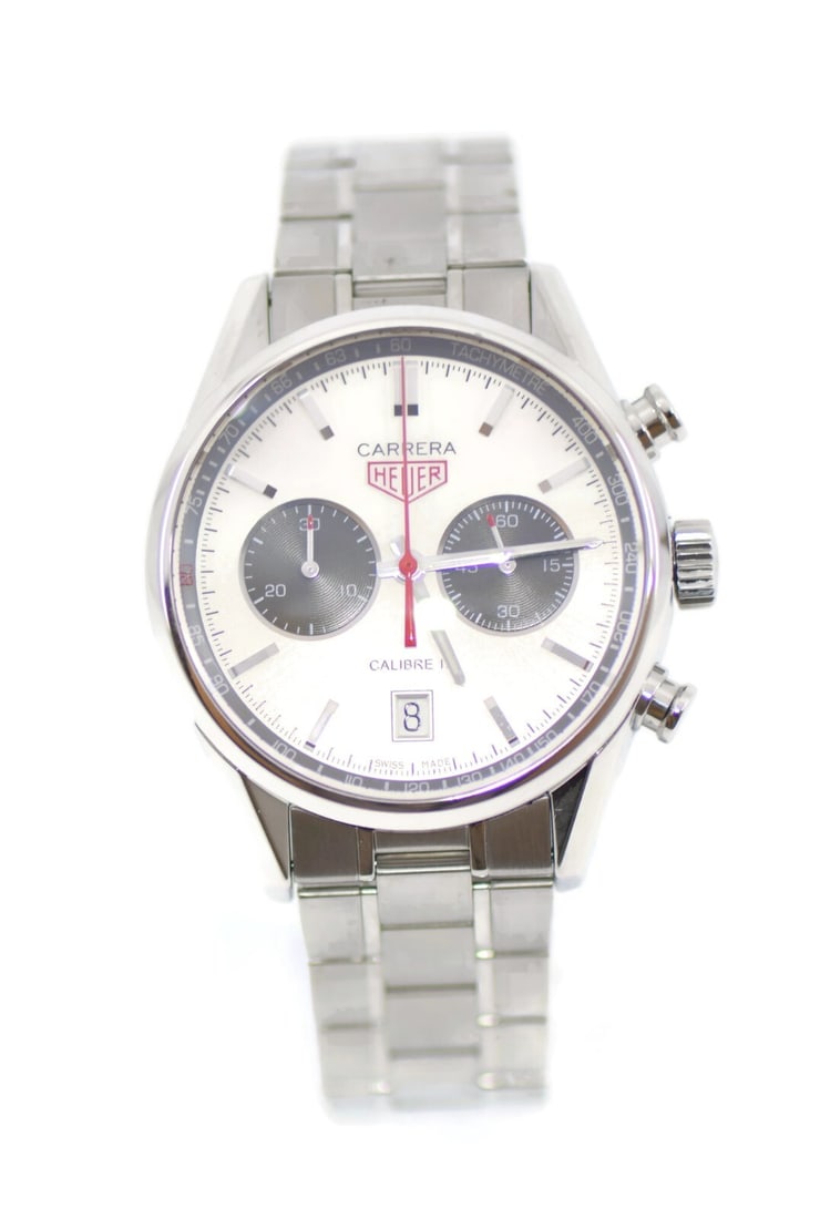TAG Heuer Carrera Cal 17 Chronograph Stainless Steel Watch CV2119 with Box and Papers: TAG Heuer Carrera Cal 17 Chronograph Stainless Steel Watch CV2119 with Box and Papers The TAG Heuer Carrera Cal 17 Chronograph is a sophisticated wristwatch crafted from high-quality stainless steel. 