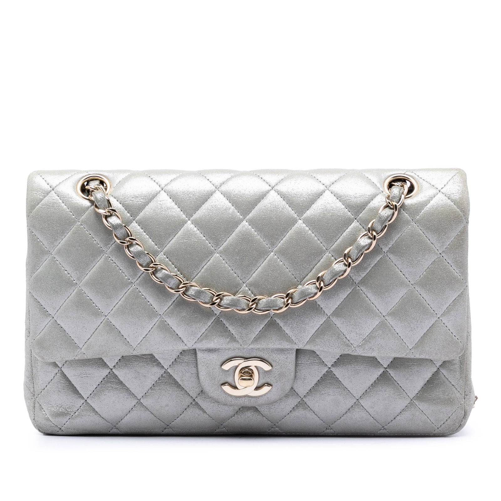 Chanel Classic Flap silver lambskin medium double flap bag: Chanel Classic Flap silver lambskin medium double flap bag This Chanel Medium Classic Iridescent Lambskin Double Flap bag features a quilted lambskin leather exterior in silver, complemented by leathe