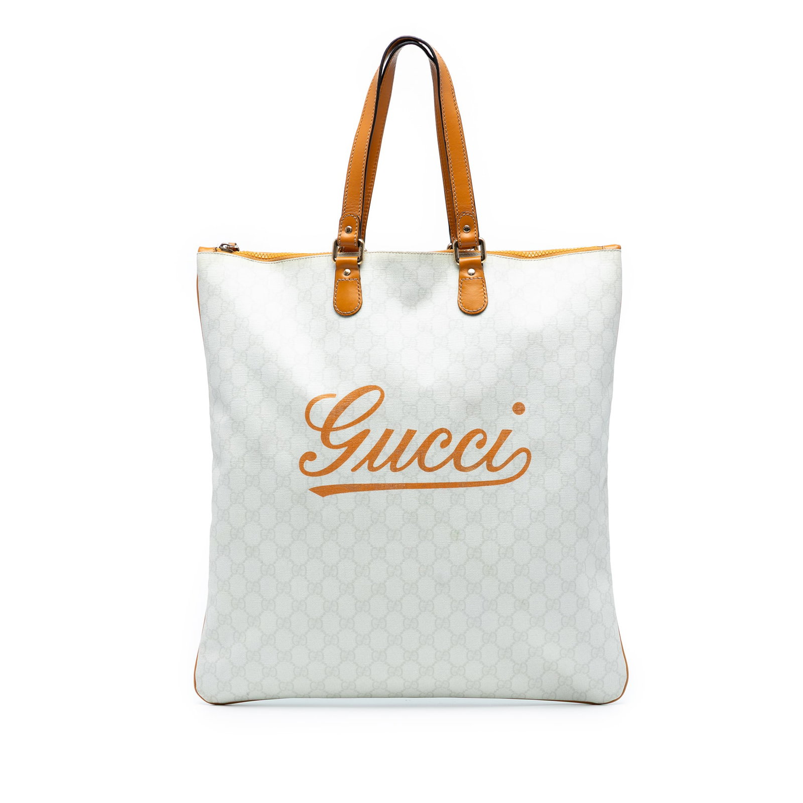 Gucci GG Supreme Logo Flat Zip Tote Bag White Fabric Italy: Gucci GG Supreme Logo Flat Zip Tote Bag White Fabric Italy This Gucci GG Supreme Heritage Logo Flat Zip Tote is a stylish and practical accessory crafted from coated canvas. It features flat leather t