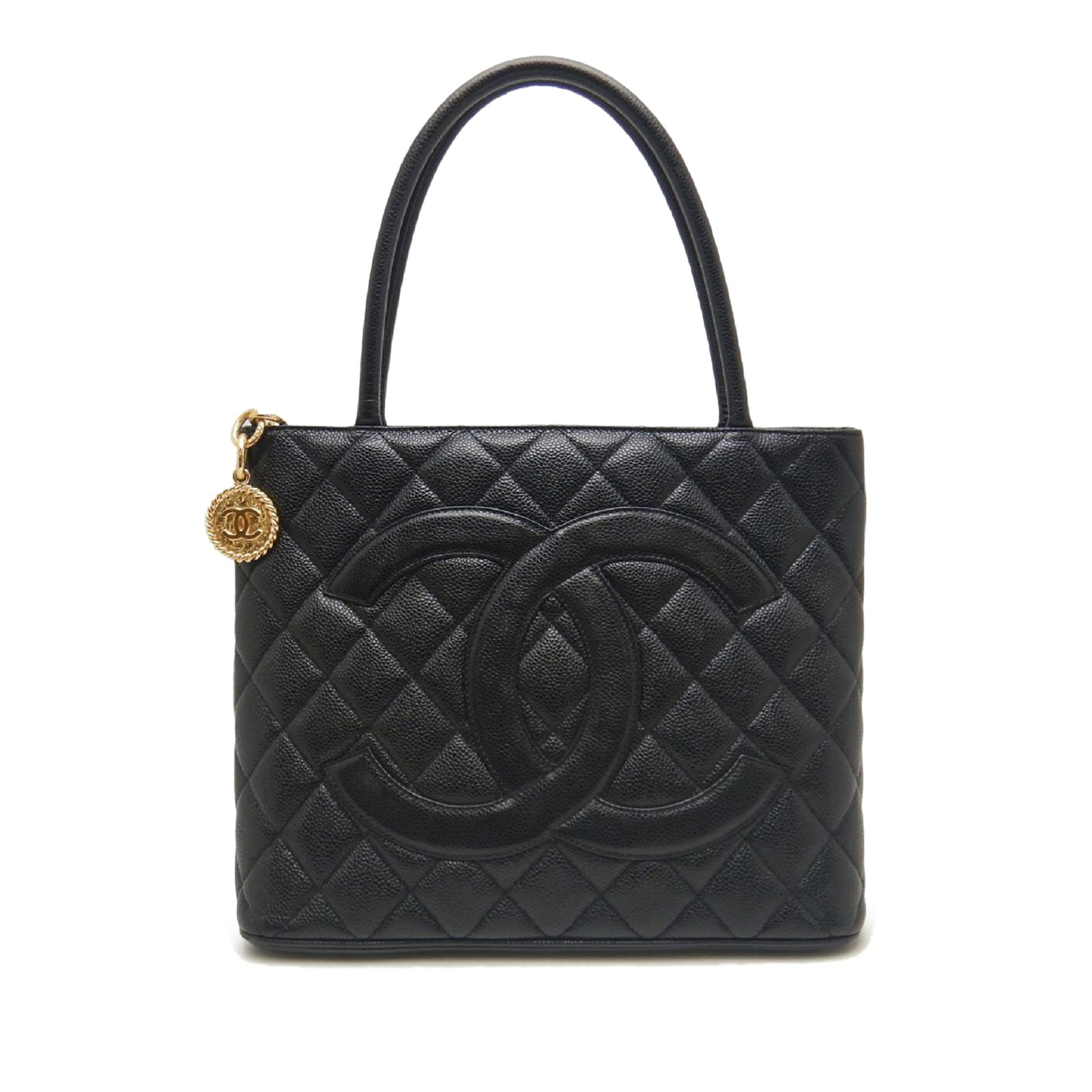 Chanel Medallion Tote Black Caviar Leather Handbag: Chanel Medallion Tote Black Caviar Leather Handbag Chanel Caviar Medallion Tote bag in black quilted caviar leather with rolled leather handles, a top zip closure, an exterior back slip pocket, and in