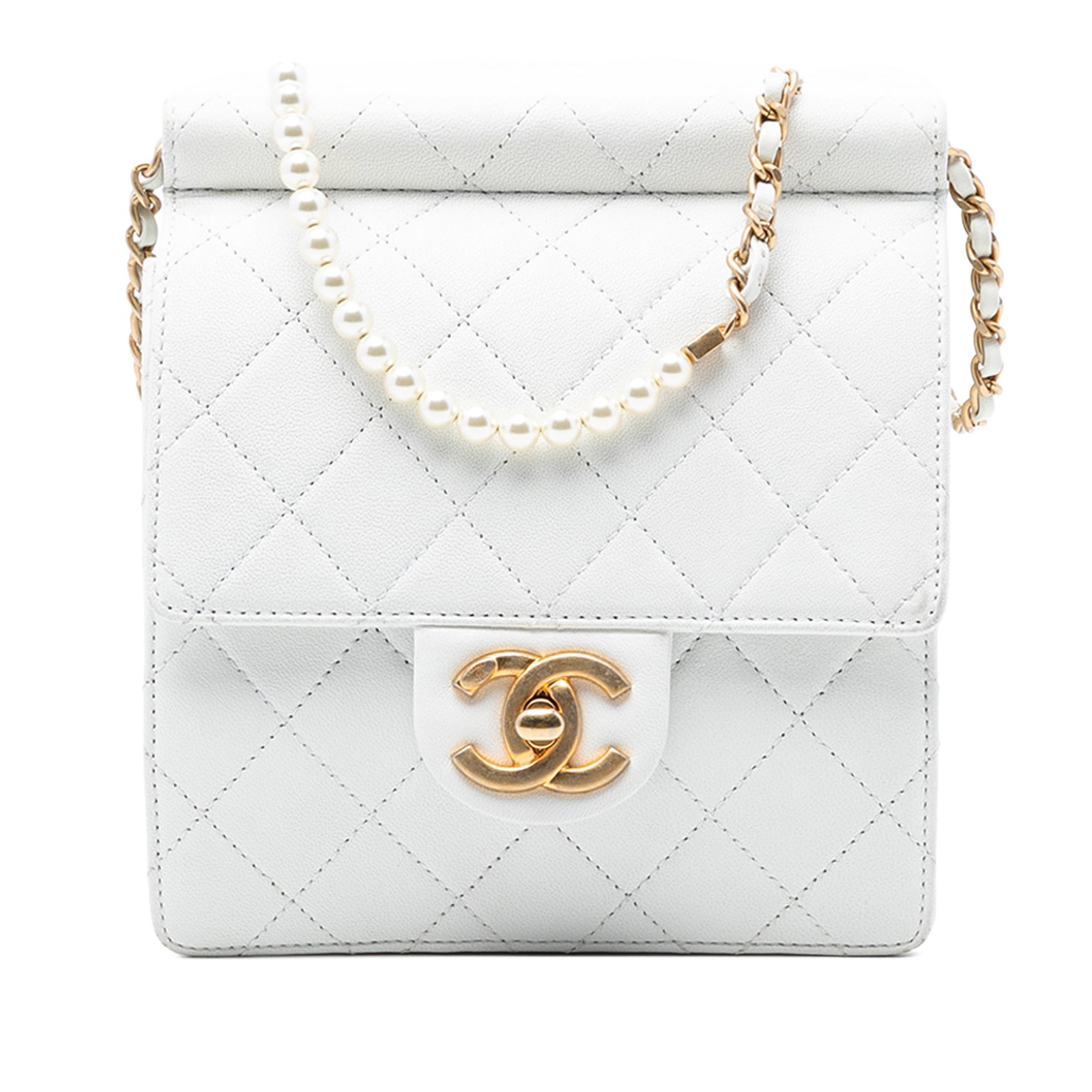 Chanel Chic Pearls Small White Quilted Lambskin Crossbody Flap Bag: Chanel Chic Pearls Small White Quilted Lambskin Crossbody Flap Bag This Chanel Small Quilted Lambskin Chic Pearls Flap crossbody bag features a quilted leather body in white, a pearl and leather-woven