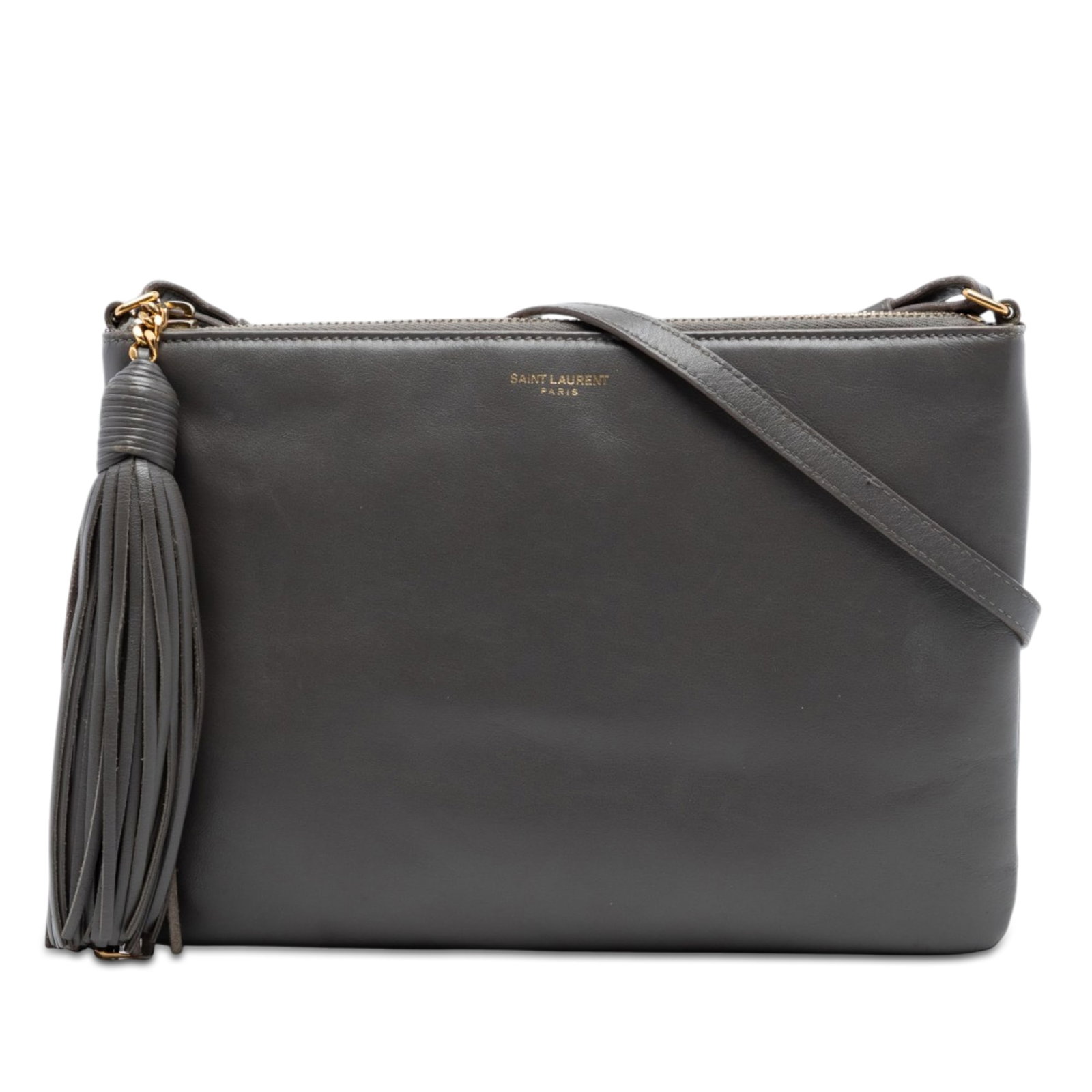 Saint Laurent gray leather Teen Monogram crossbody bag: Saint Laurent gray leather Teen Monogram crossbody bag This Saint Laurent Leather Teen Monogram Crossbody bag features a gray leather body with a flat leather shoulder strap and a top zip closure acce
