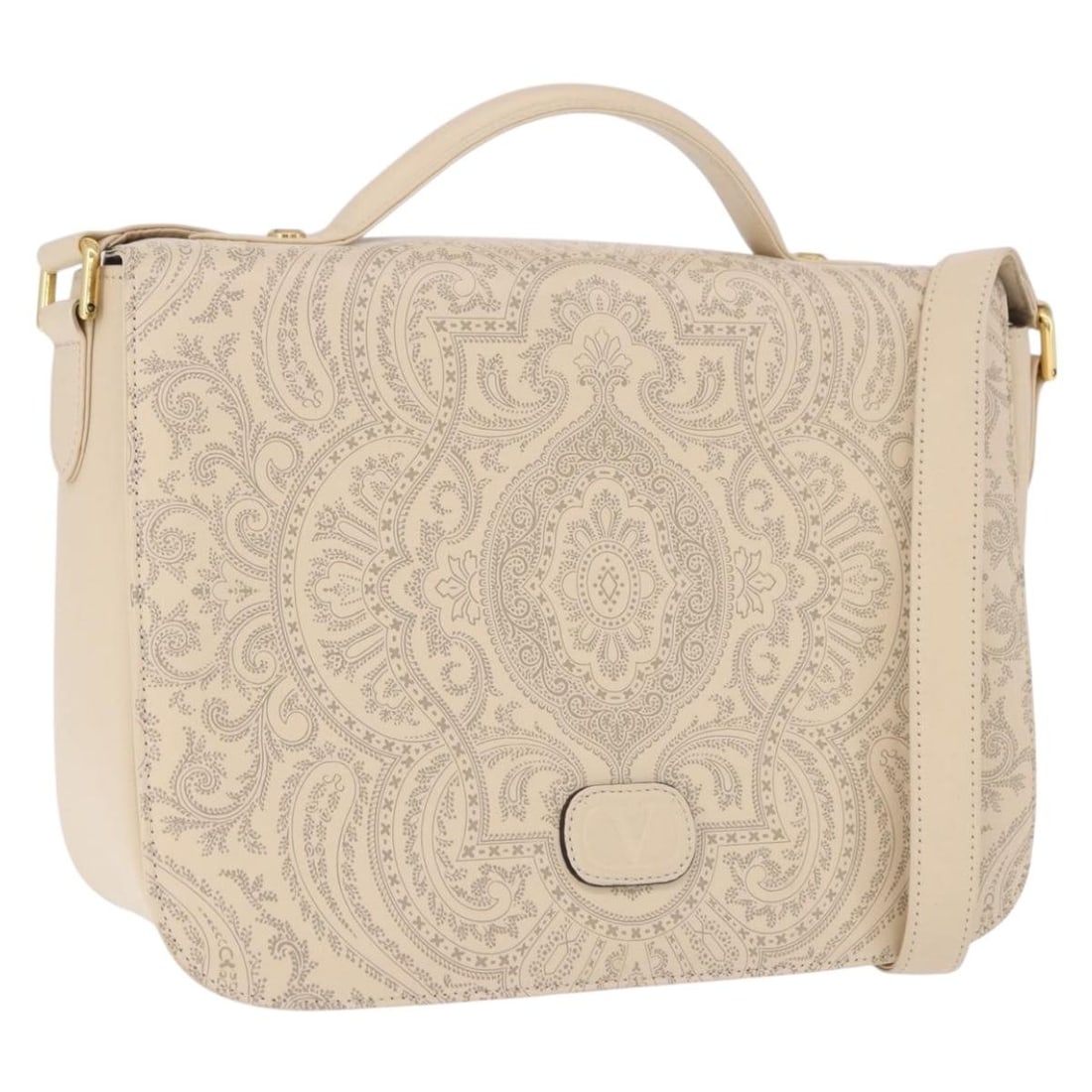 Valentino Ivory Leather 2way Shoulder Bag with Gold Tone Strap: Valentino Ivory Leather 2way Shoulder Bag with Gold Tone Strap Valentino 2way shoulder bag in ivory and gold leather, offered with a shoulder strap. It has a structured silhouette and shows reasonable