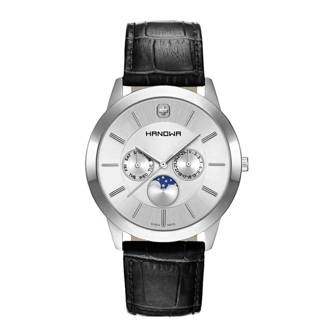 Hanowa Elements Moon Men's Watch Stainless Steel Gray Bezel Silver Dial: Hanowa Elements Moon Men's Watch Stainless Steel Gray Bezel Silver Dial Introducing the Hanowa Elements Moon Men's Watch, an exquisite blend of style and functionality. This wristwatch features a poli
