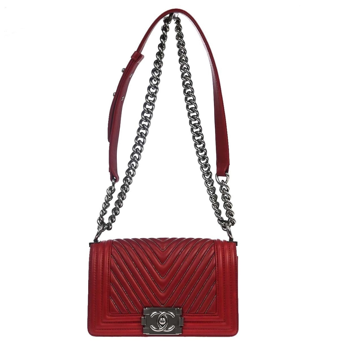 CHANEL Boy Chanel Small Burgundy Caviar Leather Chain Shoulder Bag: CHANEL Boy Chanel Small Burgundy Caviar Leather Chain Shoulder Bag CHANEL Boy Chanel small chain shoulder bag in burgundy caviar skin leather with silver-tone hardware. It features a clasp flap closur