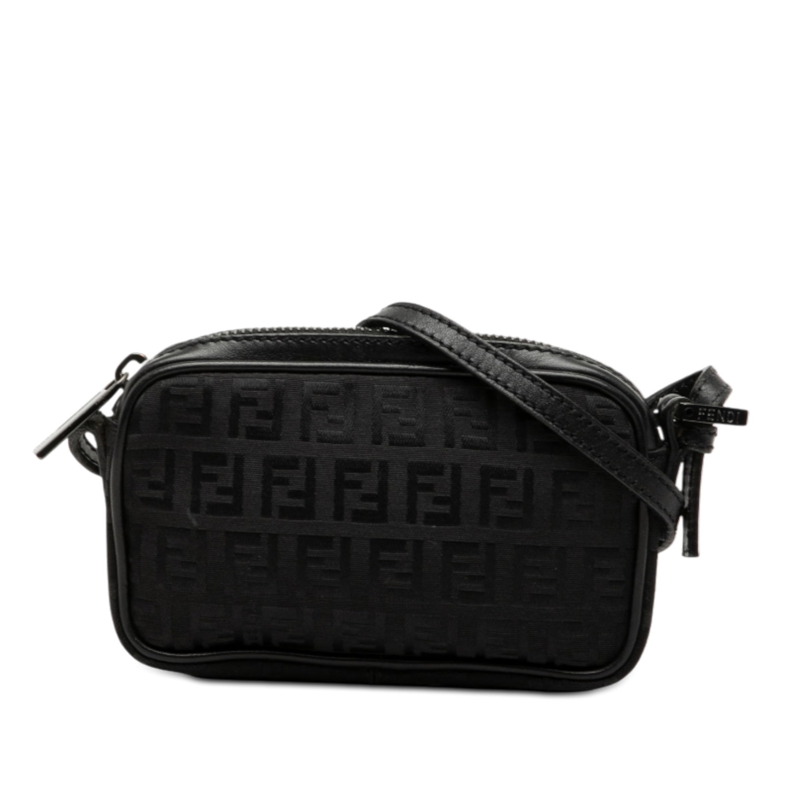 Fendi Mini Zucchino Black Canvas Top Zip Small Crossbody Bag: Fendi Mini Zucchino Black Canvas Top Zip Small Crossbody Bag This Fendi Mini Zucchino Canvas Zip Crossbody features a canvas body with leather trim, a flat leather strap, and a top zip closure. The ba