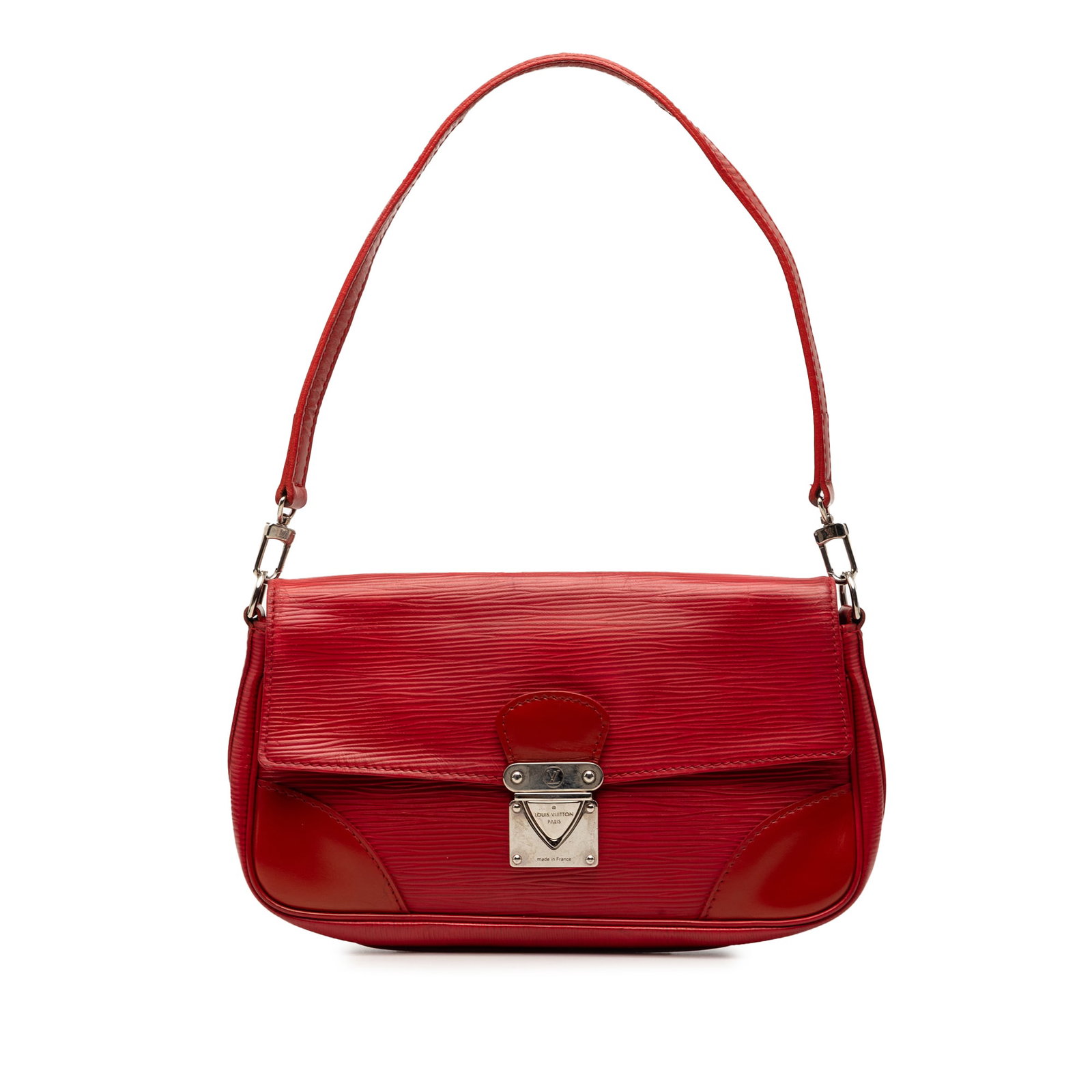 Louis Vuitton Epi Segur Pochette Red Leather Satchel: Louis Vuitton Epi Segur Pochette Red Leather Satchel Louis Vuitton Epi Pochette Segur satchel in red leather, made in France. It features an Epi leather body, a flat leather handle, a front flap with 