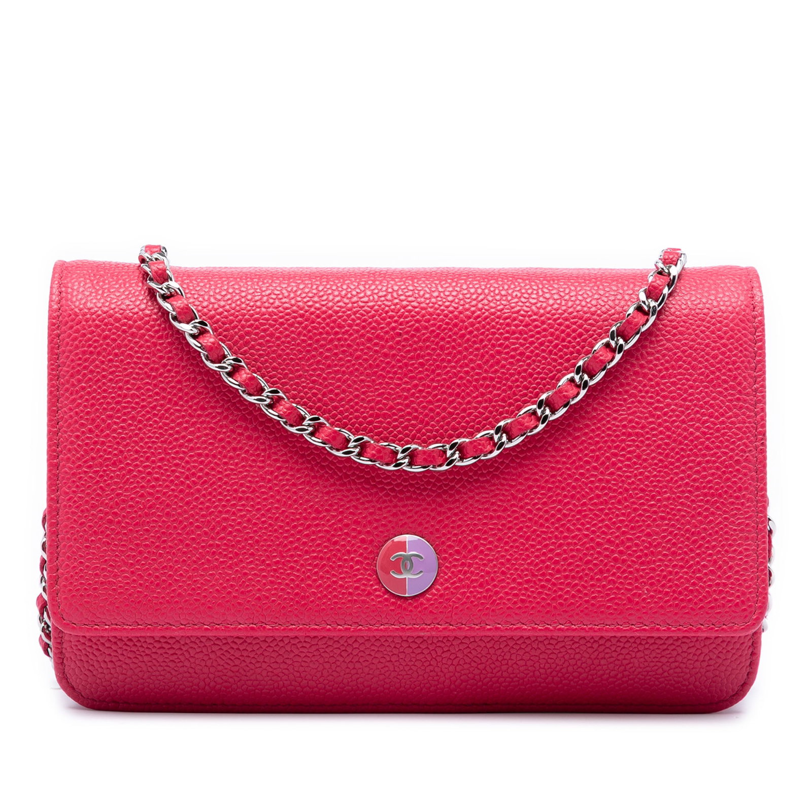 Chanel Caviar Leather WOC Crossbody Bicolor CC Pink: Chanel Caviar Leather WOC Crossbody Bicolor CC Pink Chanel Caviar Bicolor CC Wallet On Chain in pink caviar leather. This crossbody bag features a leather-woven chain link shoulder strap, a flap with 