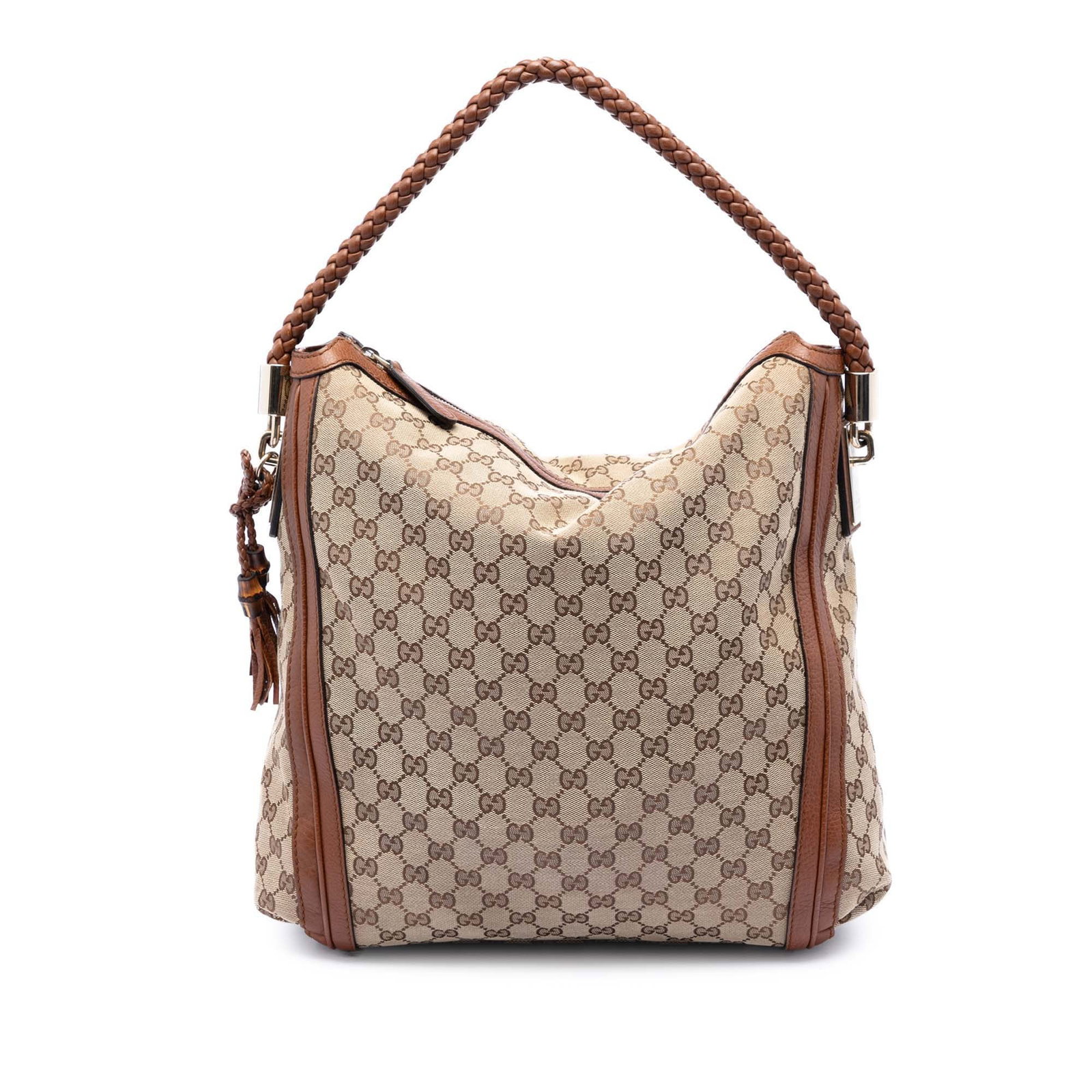 Gucci Bella Tote Large GG Canvas Handbag with Leather Trim: Gucci Bella Tote Large GG Canvas Handbag with Leather Trim This Gucci Large GG Canvas Bella Tote is crafted with a canvas body and leather trim, finished with a braided leather strap and top zip closu