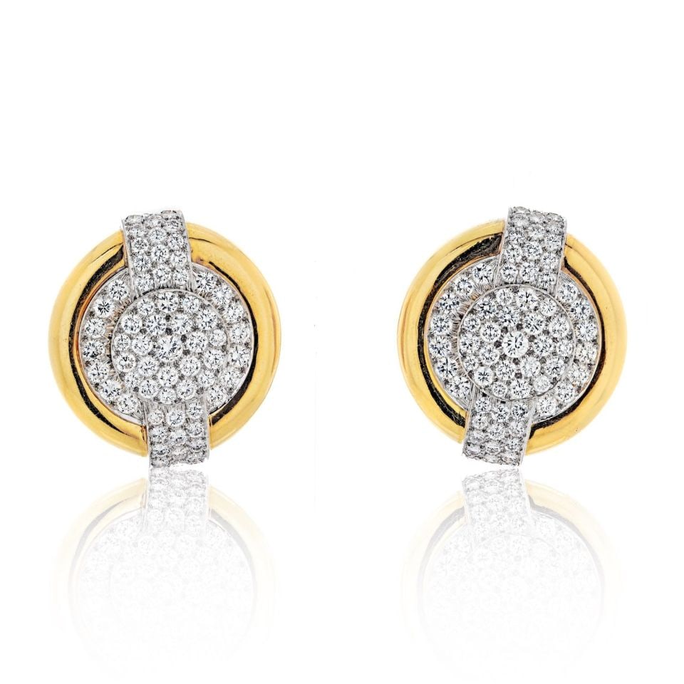 David Webb 6.00ct Diamond Round Clip-On Earrings in Platinum and 18K Gold: David Webb 6.00ct Diamond Round Clip-On Earrings in Platinum and 18K Gold Elevate your jewelry collection with these stunning David Webb clip-on earrings, crafted in a luxurious combination of platinu