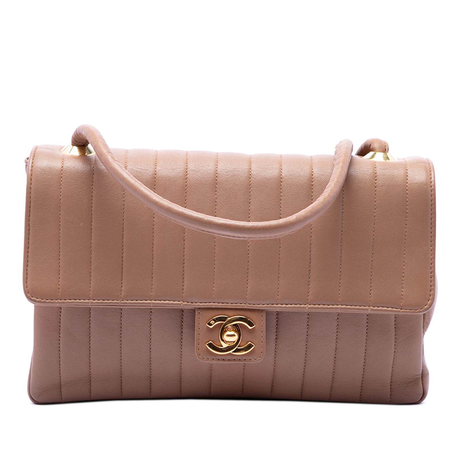 Chanel Medium Vertical Single Flap Crossbody in Brown Quilted Lambskin: Chanel Medium Vertical Single Flap Crossbody in Brown Quilted Lambskin A Chanel Medium Vertical Quilted Lambskin Single Flap crossbody bag in brown leather, made in France. It features a quilted lambs