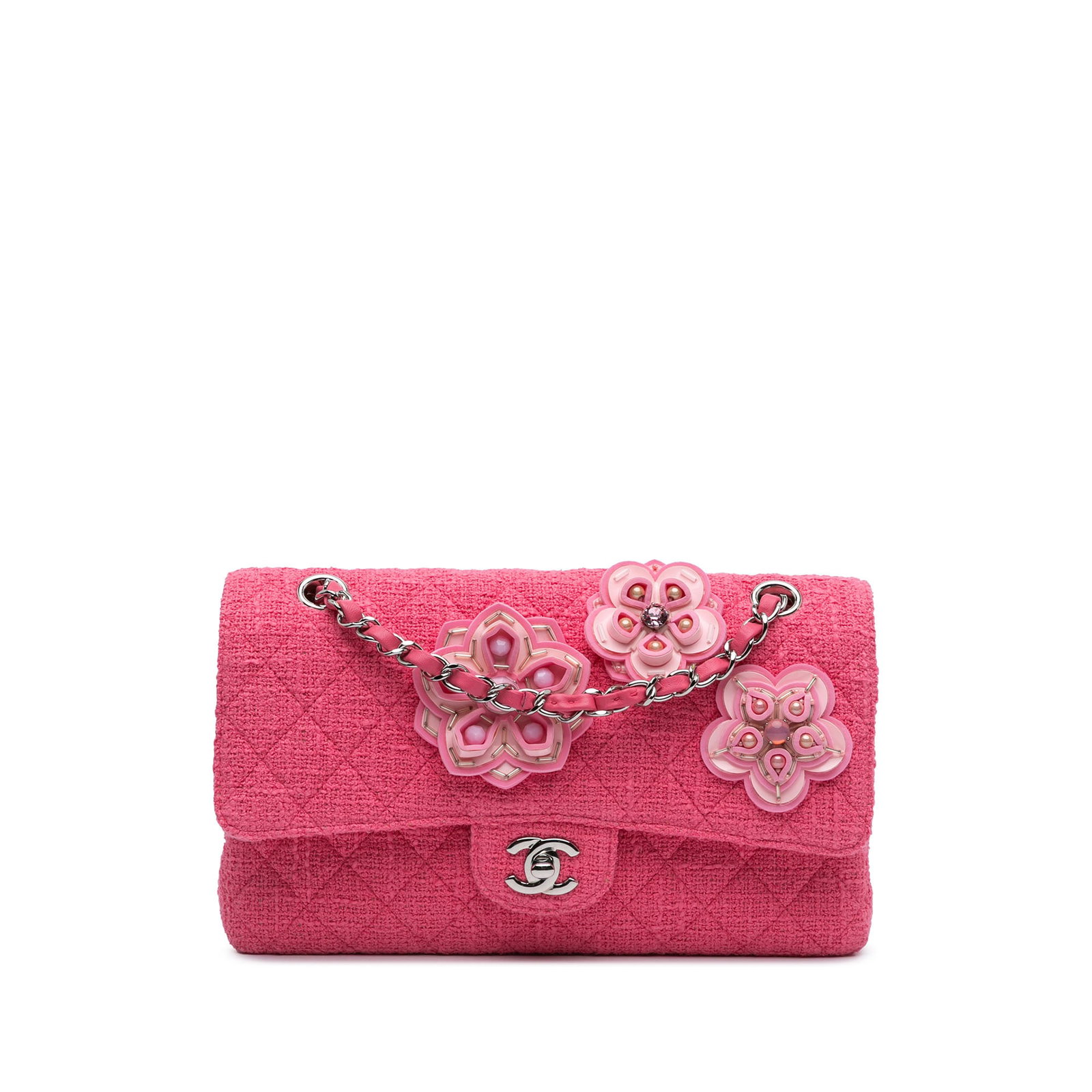 Chanel Medium Classic Double Flap Pink Tweed Beaded Flower Bag: Chanel Medium Classic Double Flap Pink Tweed Beaded Flower Bag This Chanel Medium Classic Tweed Beaded Flower Double Flap bag is crafted in quilted tweed with crystal bead flower embellishments. It fe