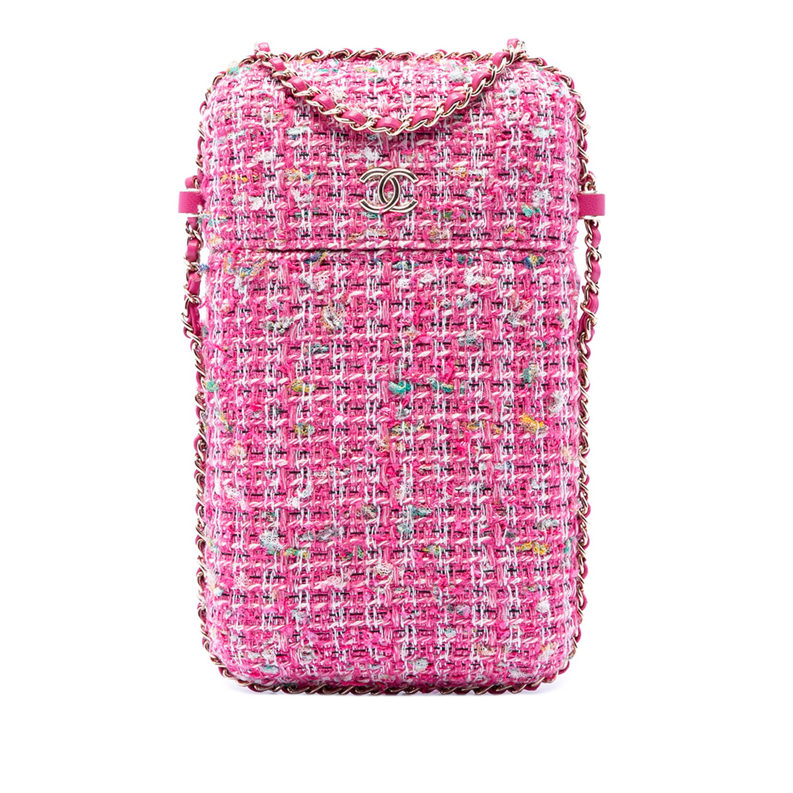 Chanel Tweed Chain Around Phone Holder Crossbody Bag Pink Fabric: Chanel Tweed Chain Around Phone Holder Crossbody Bag Pink Fabric Chanel Tweed Chain Around Phone Holder crossbody bag with a tweed body, leather woven chain link strap, and detachable top cap closure.