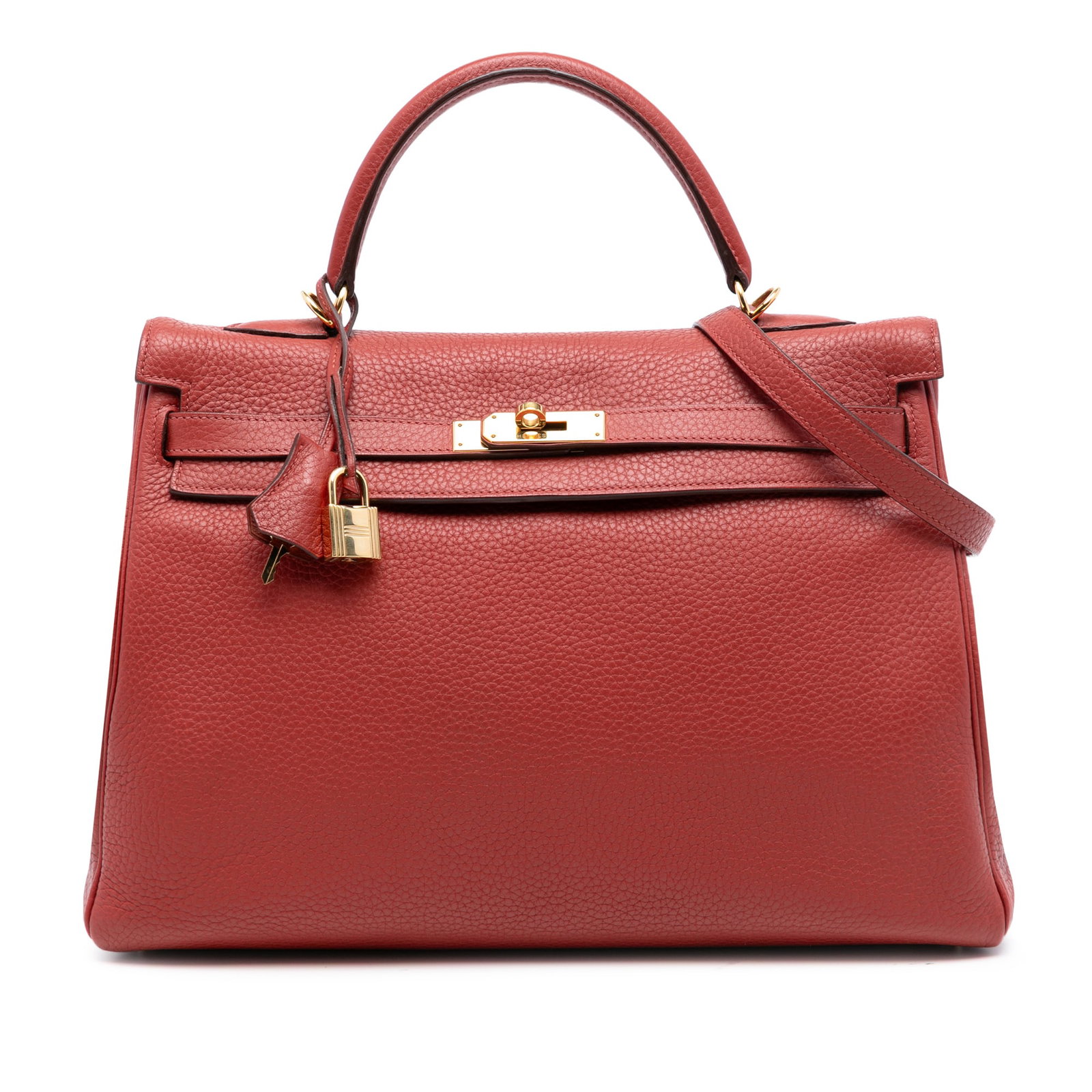 Brique Togo Leather Kelly II Retourne 35 Shoulder Bag by Hermes: Brique Togo Leather Kelly II Retourne 35 Shoulder Bag by Hermes The Hermes Togo Kelly II Retourne 35 is crafted from Togo leather in a Brique color. It features a flat leather top handle, a detachable