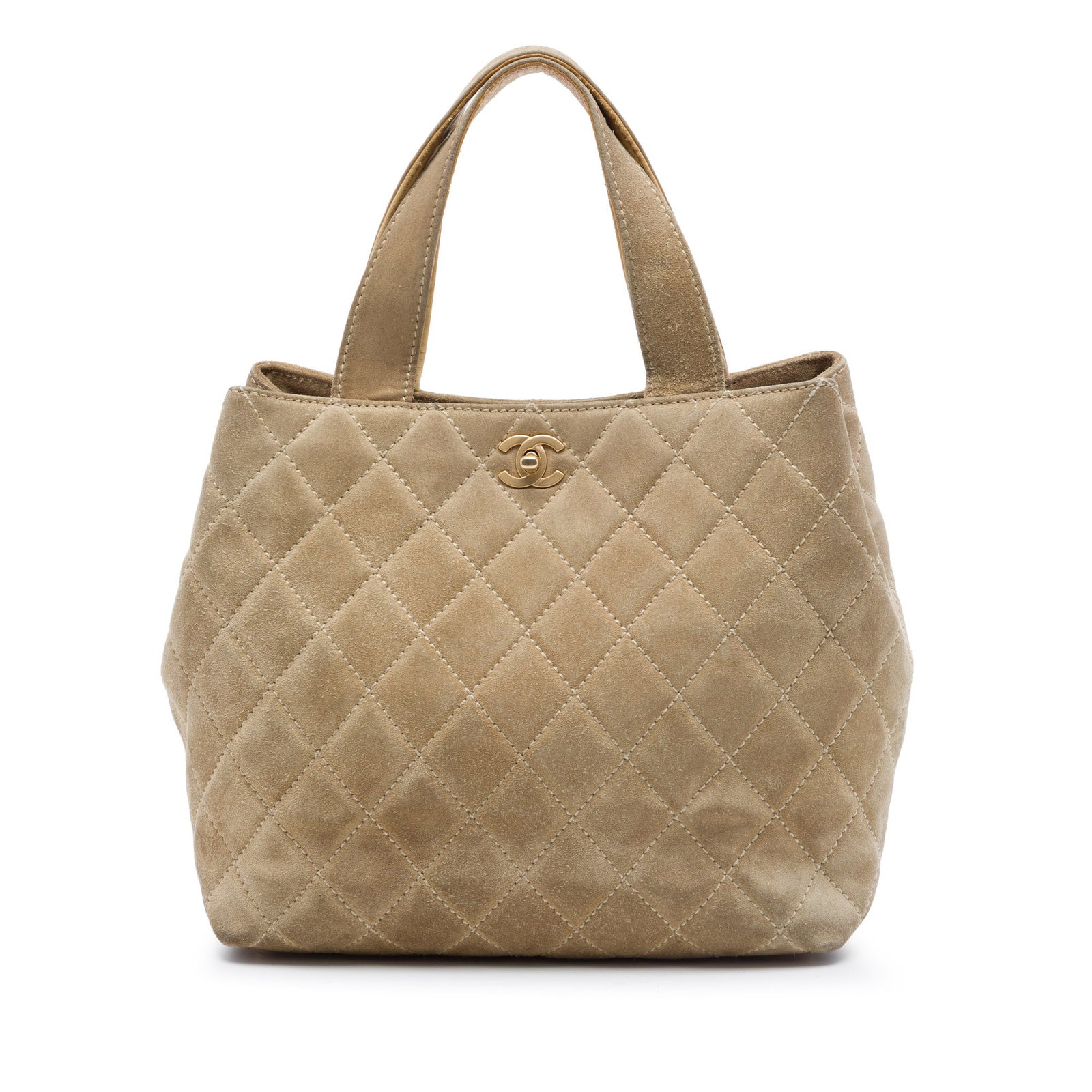 Chanel Mini CC Beige Quilted Suede Leather Tote Bag: Chanel Mini CC Beige Quilted Suede Leather Tote Bag Chanel Mini CC Quilted Suede Shopping Tote in beige, made in Italy. This satchel features a quilted suede leather body, flat handles, an open top wi