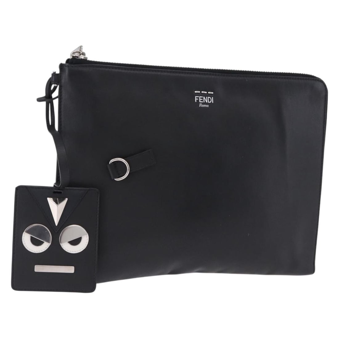 FENDI 7M0225 Leather Clutch Bag Black Silver Charm: FENDI 7M0225 Leather Clutch Bag Black Silver Charm FENDI clutch bag in black and silver leather, made in Italy. It includes a charm accessory and is described as a women's clutch bag. The item is in A