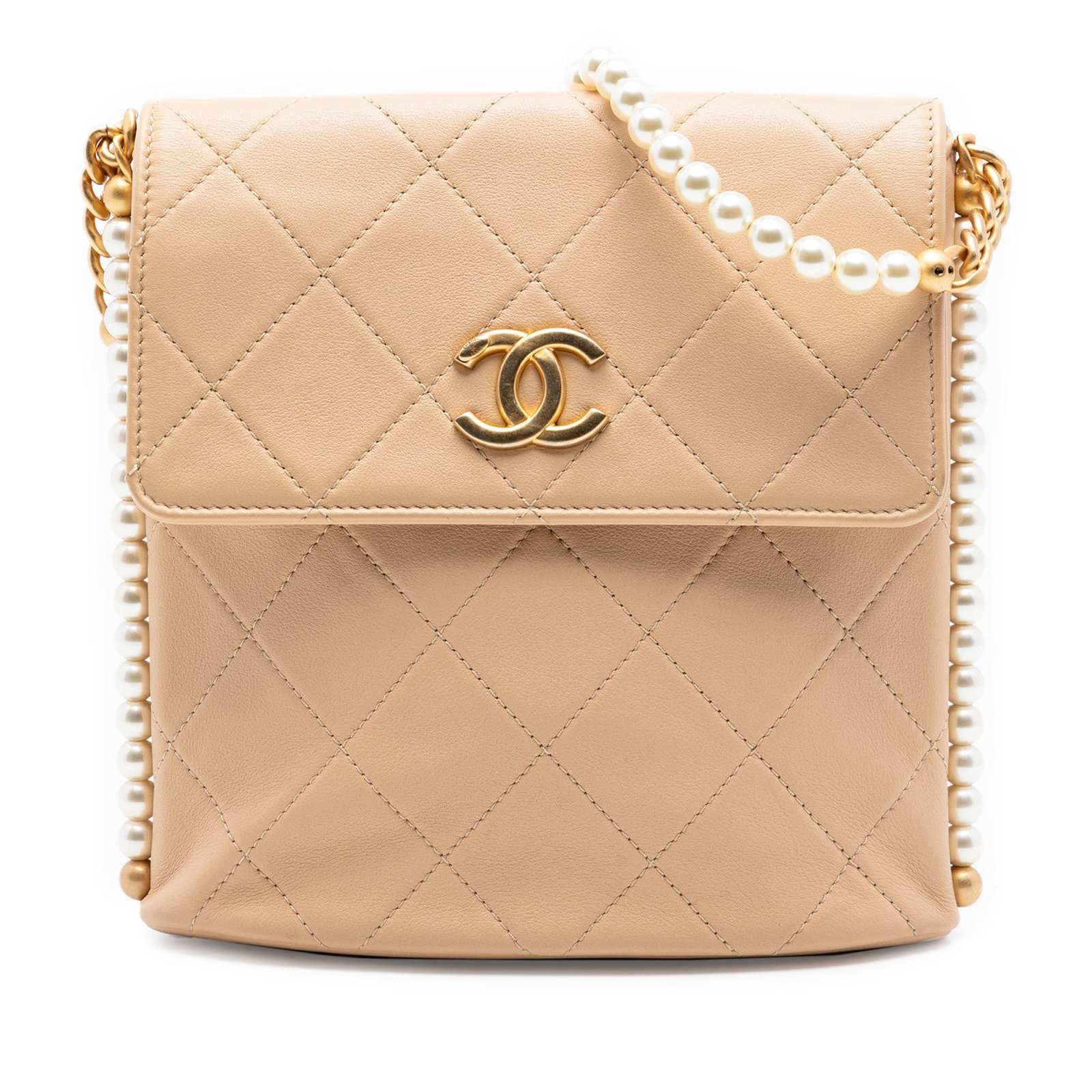 Chanel Beige Quilted Calfskin Hobo with Faux Pearl Strap: Chanel Beige Quilted Calfskin Hobo with Faux Pearl Strap This Chanel Small Quilted Calfskin About Pearls Hobo is crafted from beige quilted calfskin leather and features a crossbody design with a faux