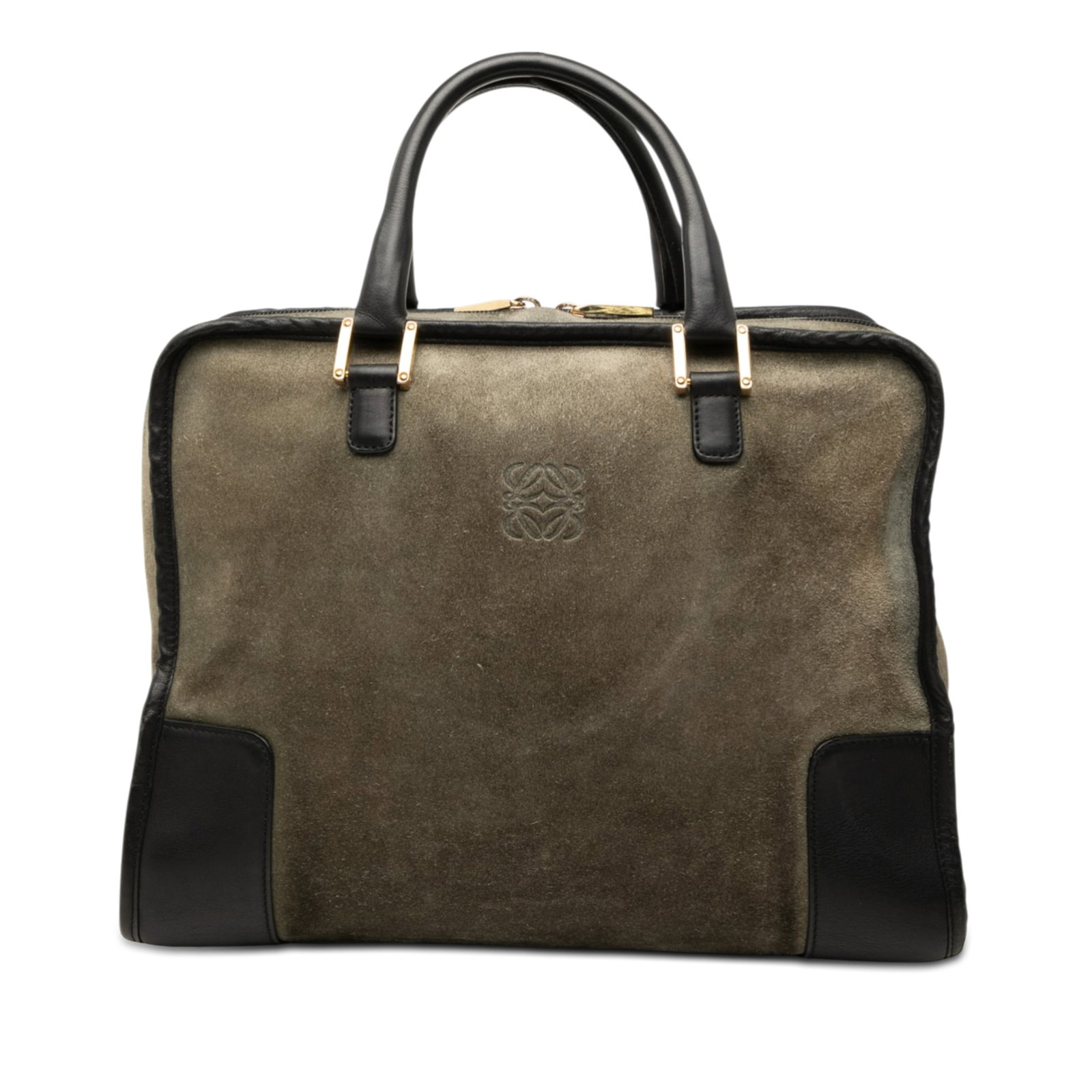 Loewe Amazona 32 Green Suede and Calf Leather Handbag: Loewe Amazona 32 Green Suede and Calf Leather Handbag The LOEWE Amazona 32 is a green handbag crafted from a combination of suede and calf leather. It features rolled leather handles, a top zip closur