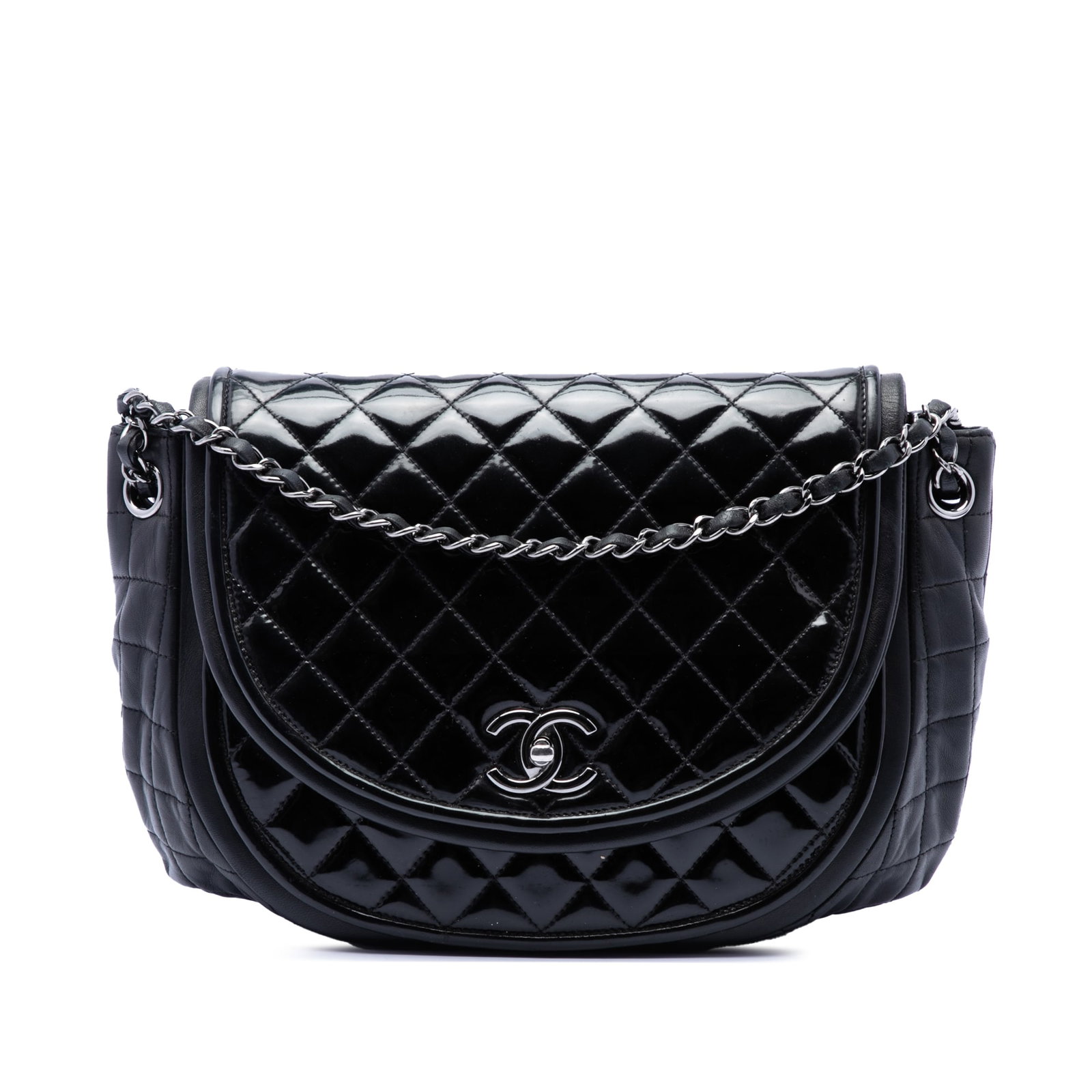 Chanel Twist Crescent Flap Shoulder Bag Quilted Patent Lambskin Black: Chanel Twist Crescent Flap Shoulder Bag Quilted Patent Lambskin Black This Chanel shoulder bag features a quilted patent and lambskin leather body, leather-woven chain link straps, a front flap with i