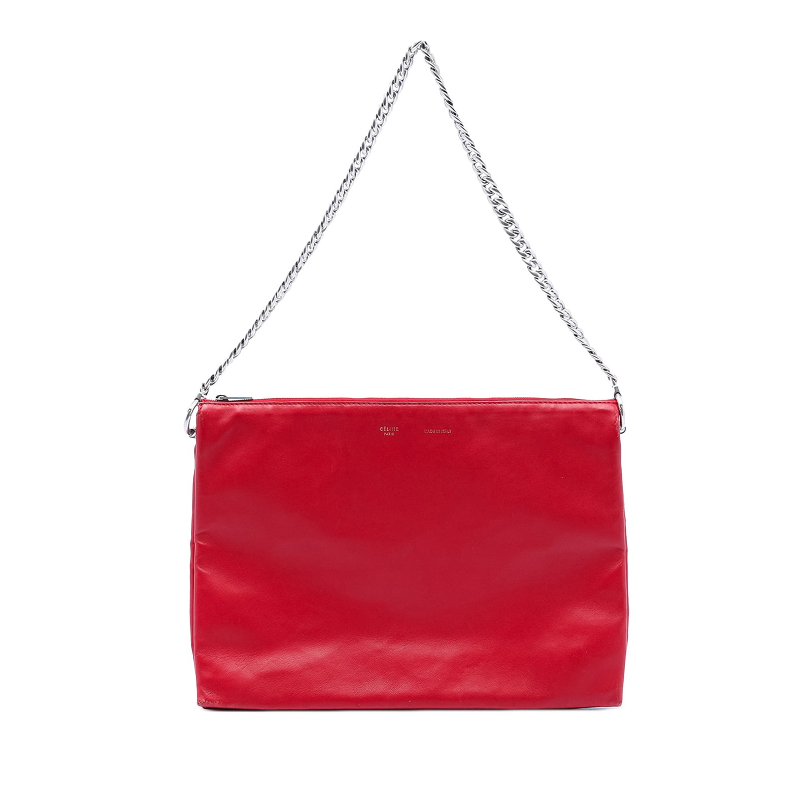 Celine Soft Trio Red Lambskin Leather Shoulder Bag with Chain Strap: Celine Soft Trio Red Lambskin Leather Shoulder Bag with Chain Strap This Celine Lambskin Soft Trio Shoulder Bag features a red lambskin leather body with a chain link shoulder strap and three top zip 