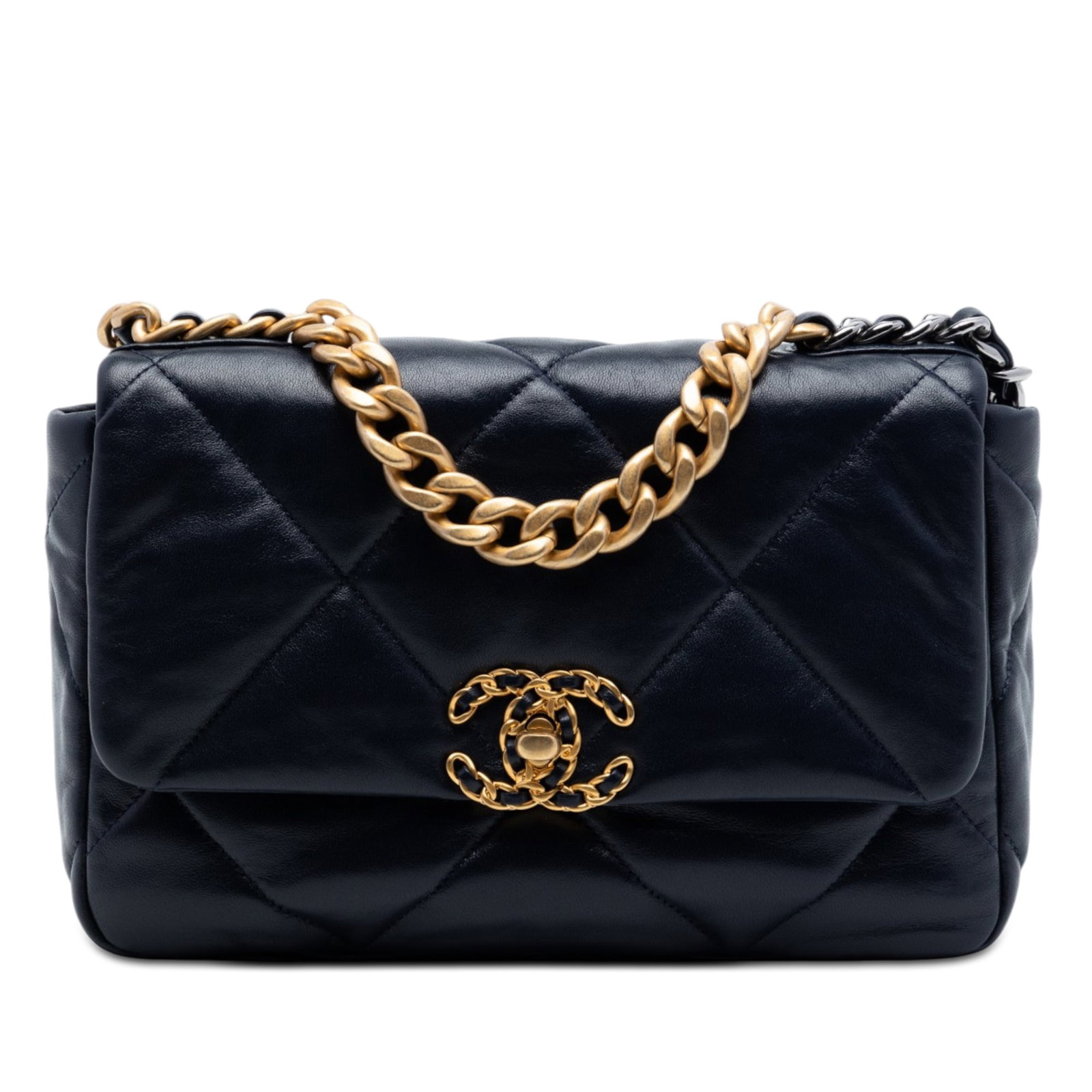 Chanel 19 Medium Flap Shoulder Bag Blue Lambskin: Chanel 19 Medium Flap Shoulder Bag Blue Lambskin Chanel Medium 19 Flap bag in blue quilted lambskin leather, made in Italy. It features a gold-tone chain handle, a leather-woven chain shoulder strap, 