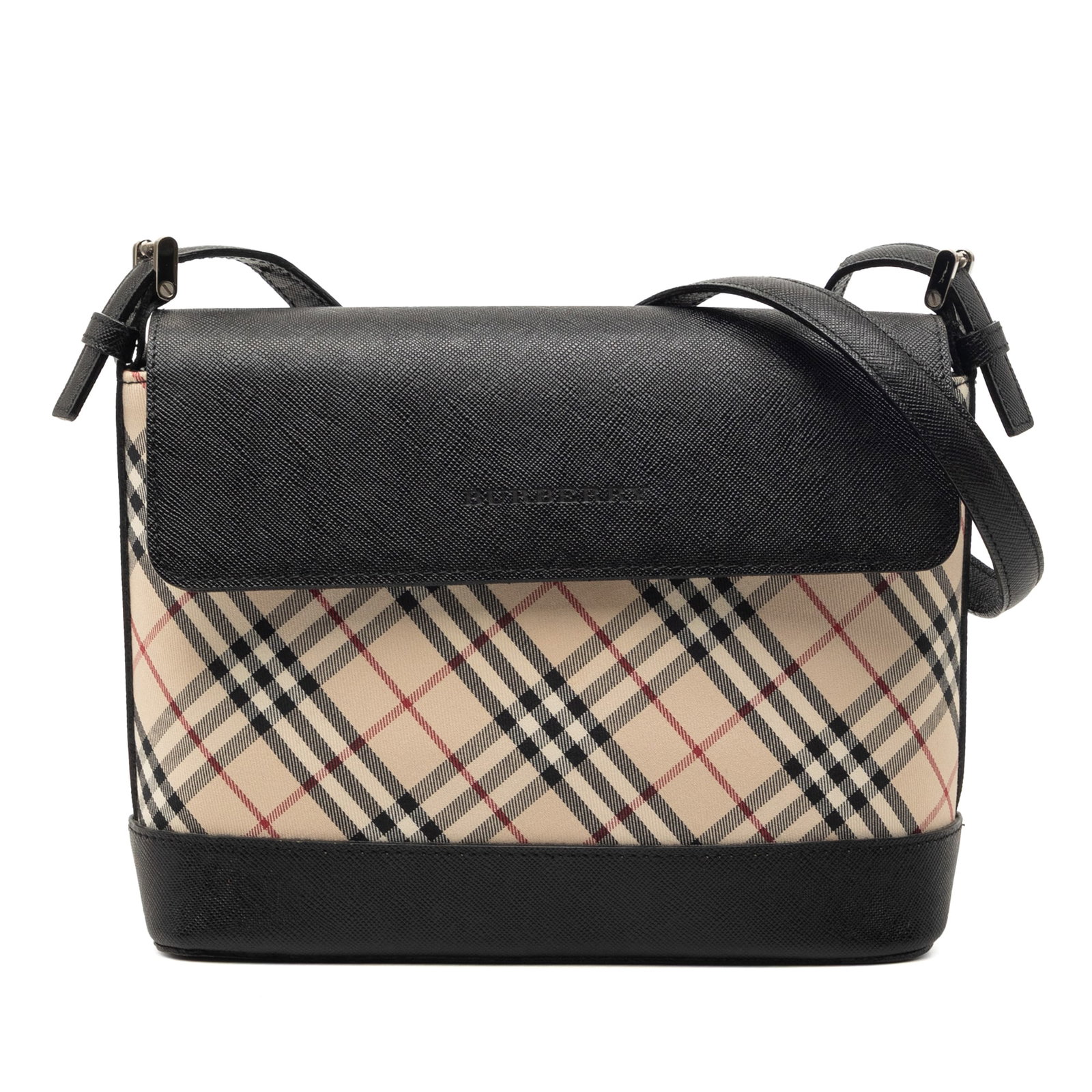 Burberry Beige Nova Check Canvas Bag with Adjustable Strap: Burberry Beige Nova Check Canvas Bag with Adjustable Strap This Burberry Nova Check Canvas Crossbody bag features a canvas body with leather trim, an adjustable flat leather strap, a front flap with m
