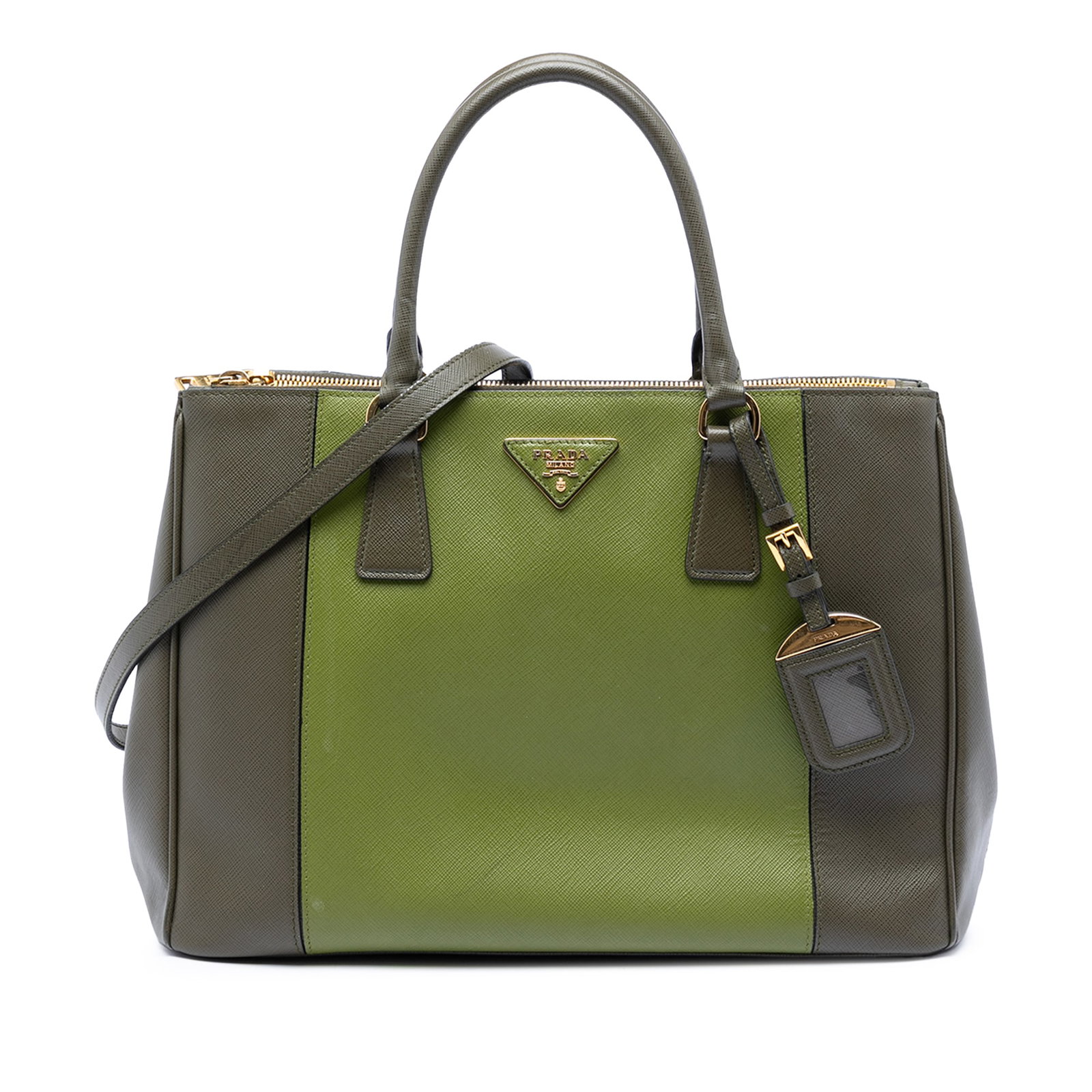 Prada Galleria Double Zip Green Leather Satchel Medium: Prada Galleria Double Zip Green Leather Satchel Medium This Prada Medium Bicolor Saffiano Lux Galleria Double Zip Satchel is crafted from high-quality leather and features rolled leather handles, a de