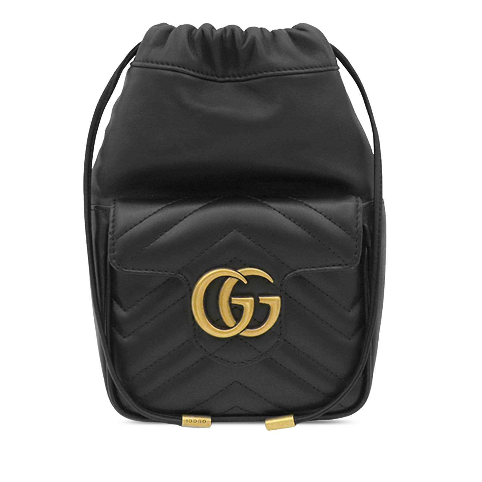 Gucci GG Marmont Mini Bucket Bag Black Matelasse Leather: Gucci GG Marmont Mini Bucket Bag Black Matelasse Leather A Gucci Mini GG Marmont Matelasse Calfskin Front Pocket Bucket Bag in black, featuring a quilted leather body, gold tone chain link shoulder st