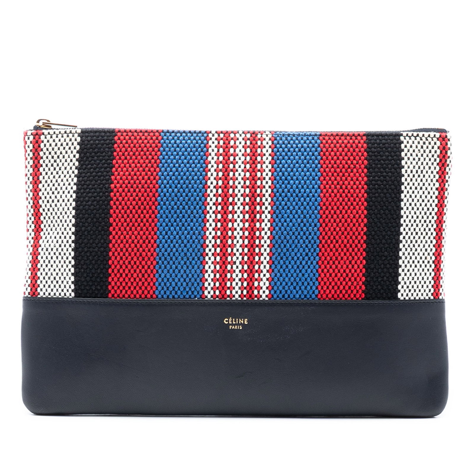 Celine Solo Pouch Striped Canvas Clutch with Leather Trim: Celine Solo Pouch Striped Canvas Clutch with Leather Trim This Celine clutch bag features a striped canvas body with leather trim, a top zip closure, and interior slip pockets. The item shows signs of